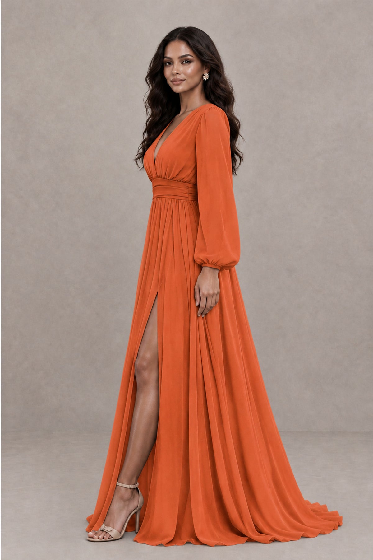 BOLODOO Orange Long Sleeve V-Neck A-Line Gown with Open Back & Slit - Orange - Orange_3