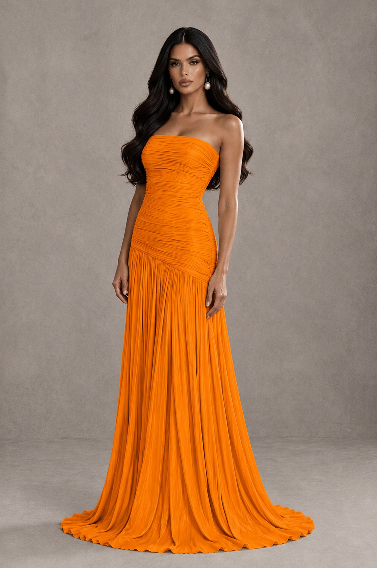 BOLODOO Orange Metallic Ruched Strapless Pleated A-Line Backless Maxi Dress with Train - Orange - Orange_3