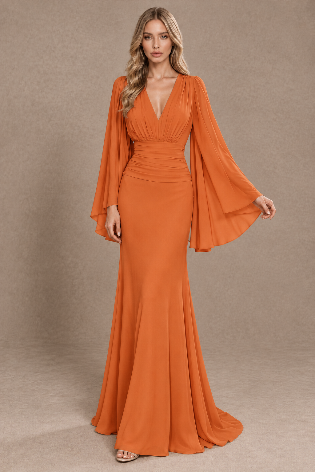 BOLODOO Orange Cape Sleeve V-Neck Ruched Chiffon Evening Dress - Orange - Orange_3