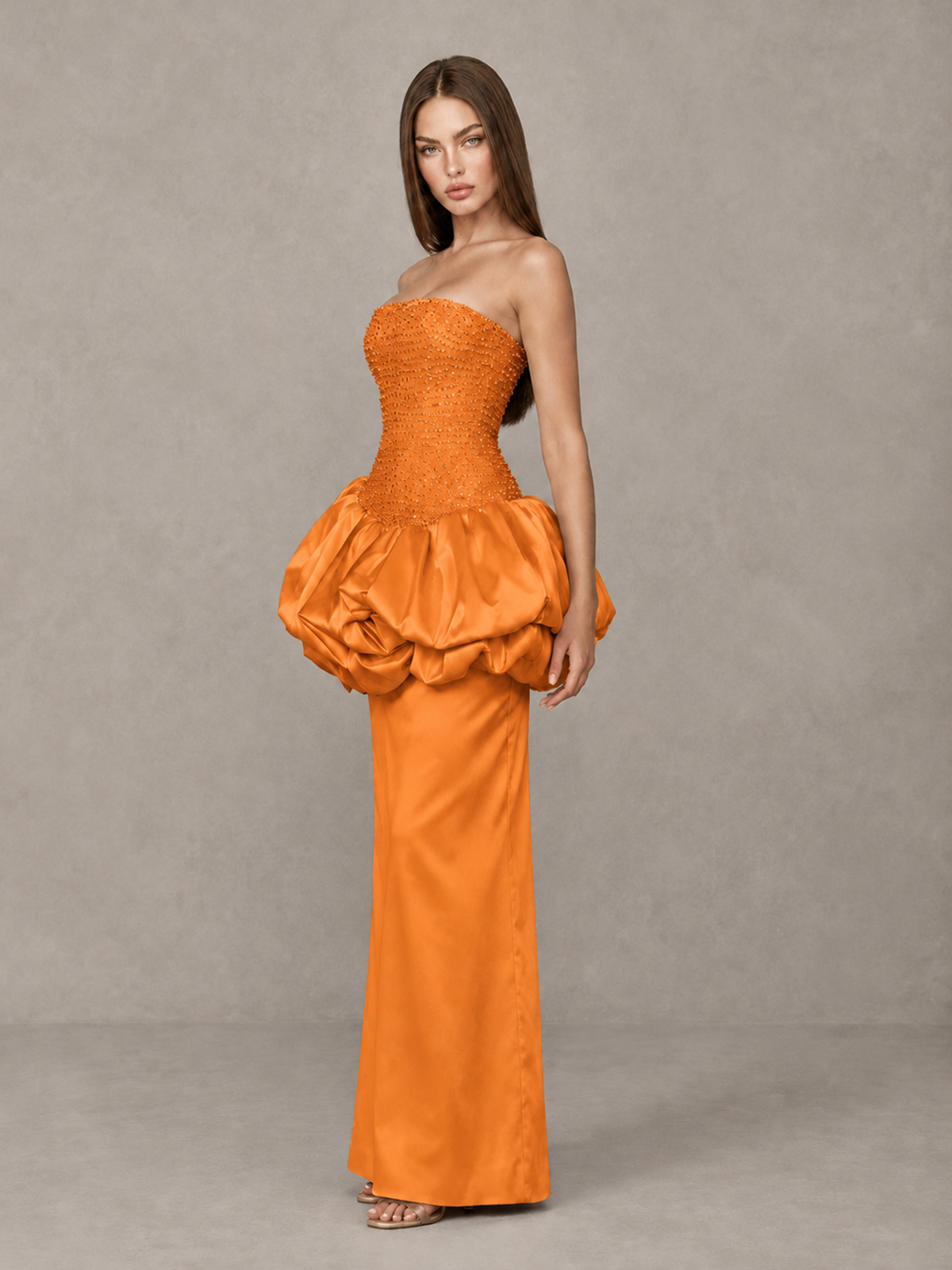 BOLODOO Orange Strapless Embellished Bubble Peplum Evening Dress - Orange - Orange_3