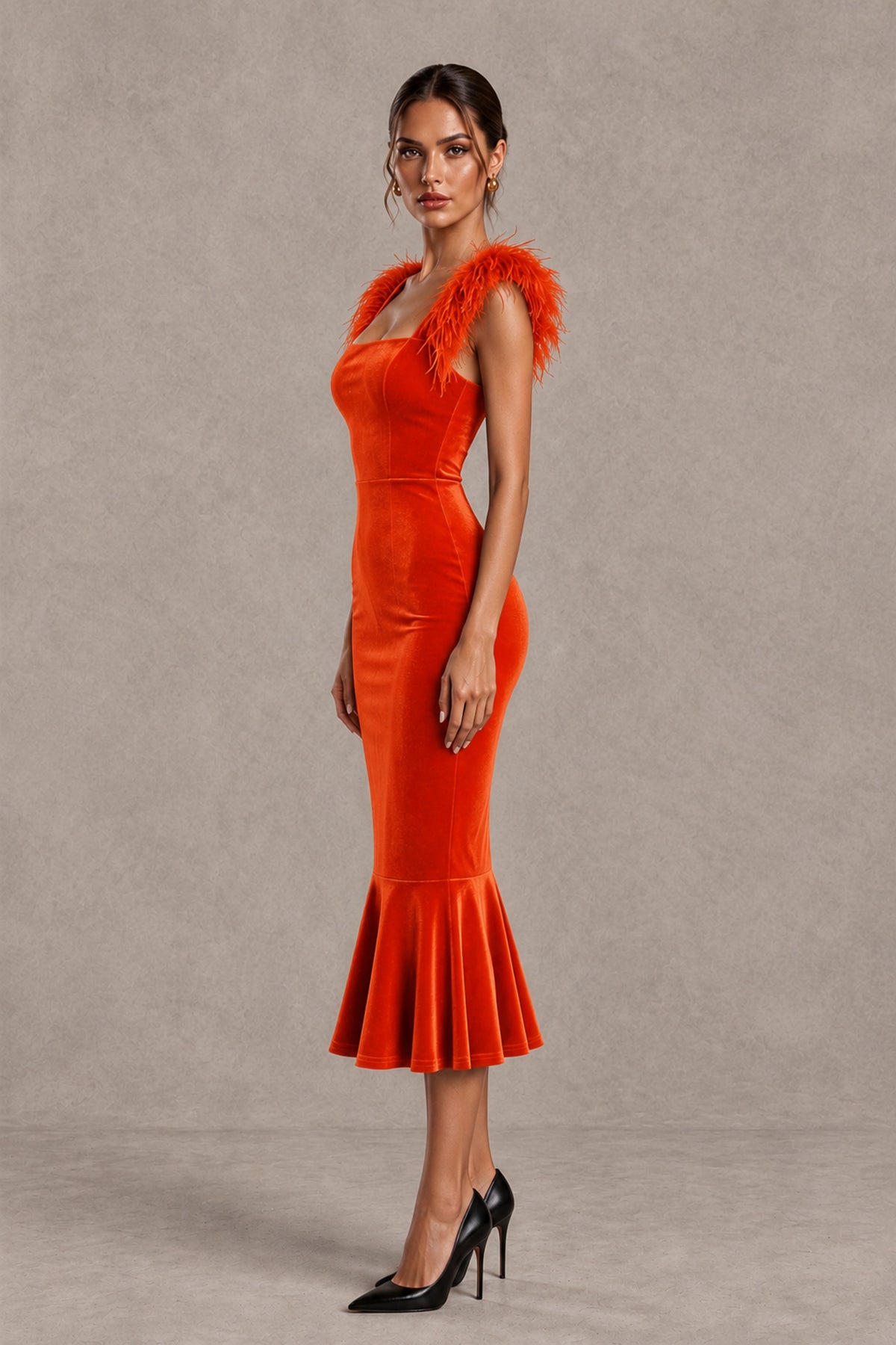 BOLODOO Orange Feather-Trim Velvet-Look Mermaid Midi Dress - Orange - Orange_3