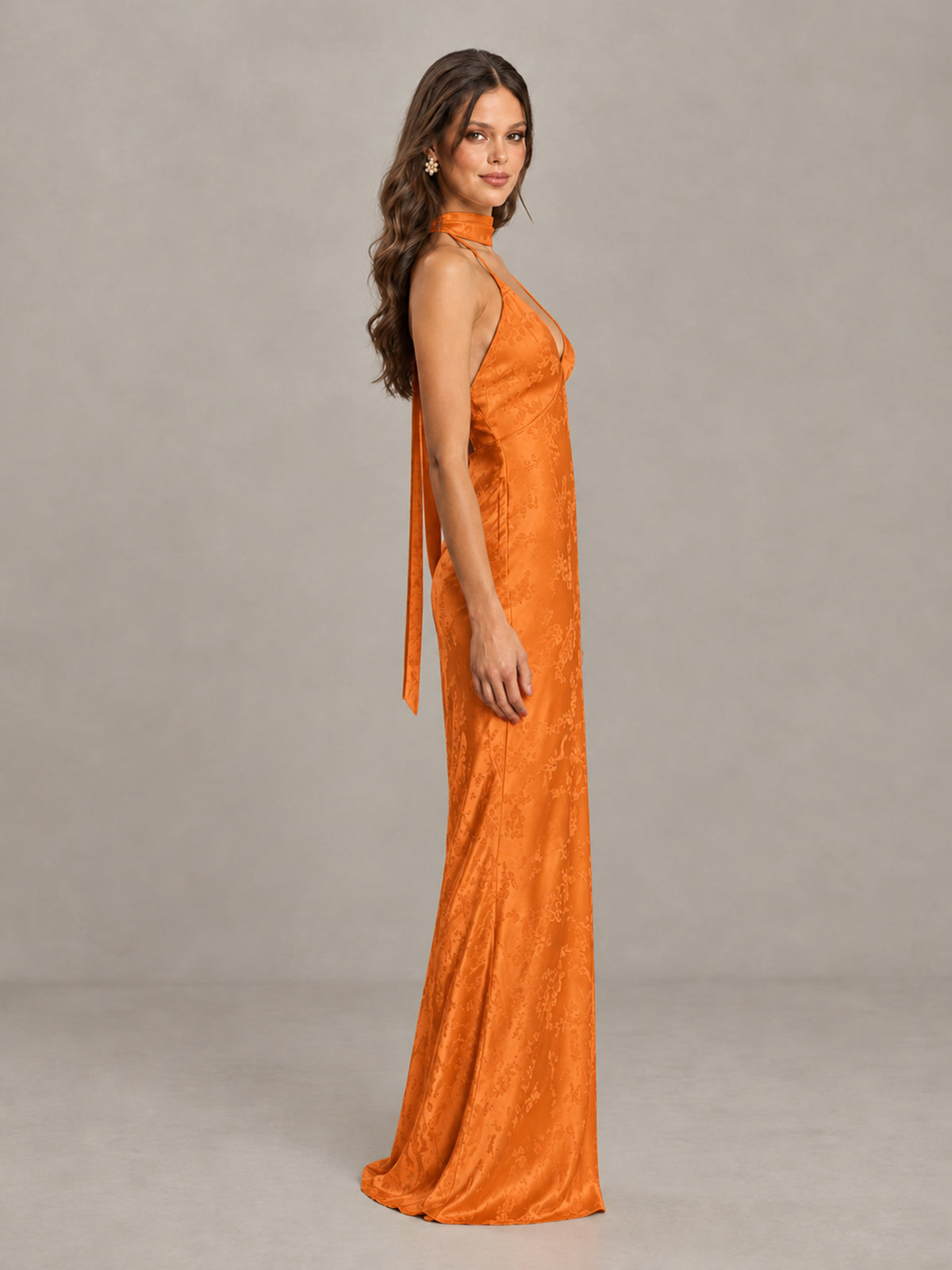 BOLODOO Orange Floral Satin Open-Back Bridesmaid Dress - Orange - Orange_3