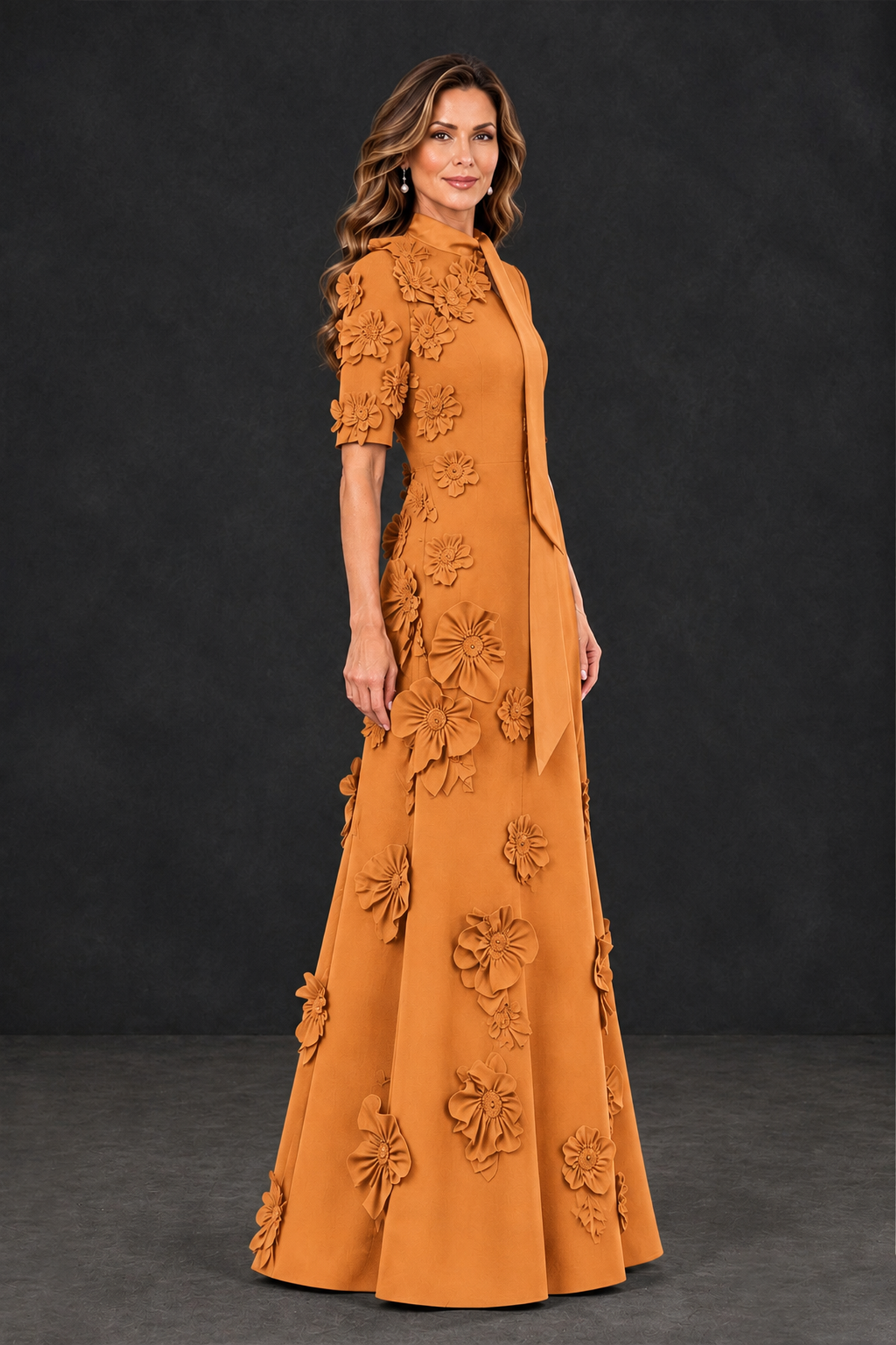 BOLODOO Orange Floral Applique High-Neck Half-Sleeve Gown - Orange - Orange_3
