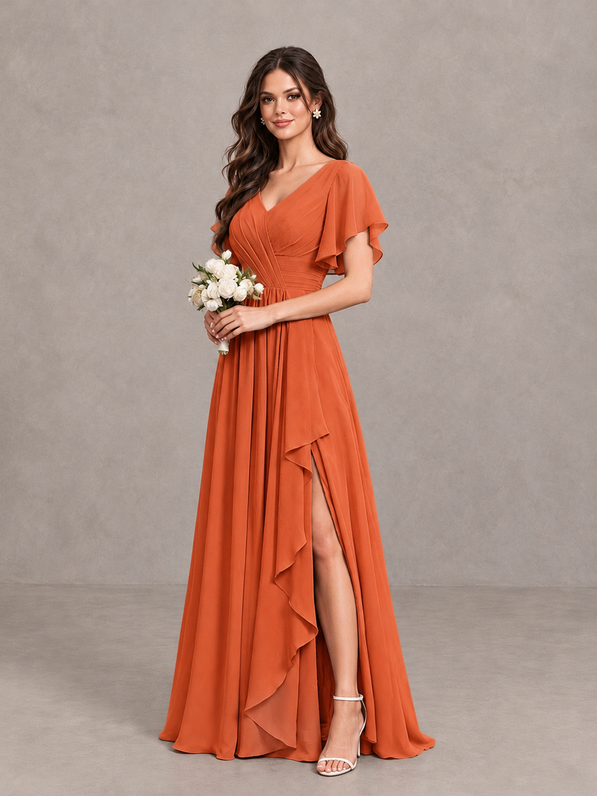 BOLODOO Orange Flutter Sleeve V-Neck Bridesmaid Dress with Ruffle Slit - Orange - Orange_3