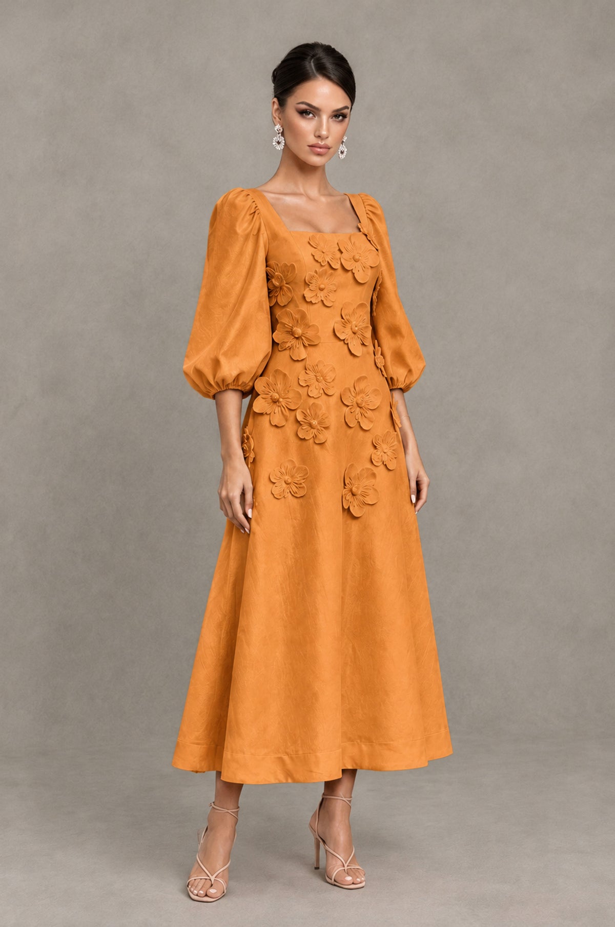 BOLODOO Orange 3D Floral Puff Sleeve Midi Cocktail Dress - Orange - Orange_3