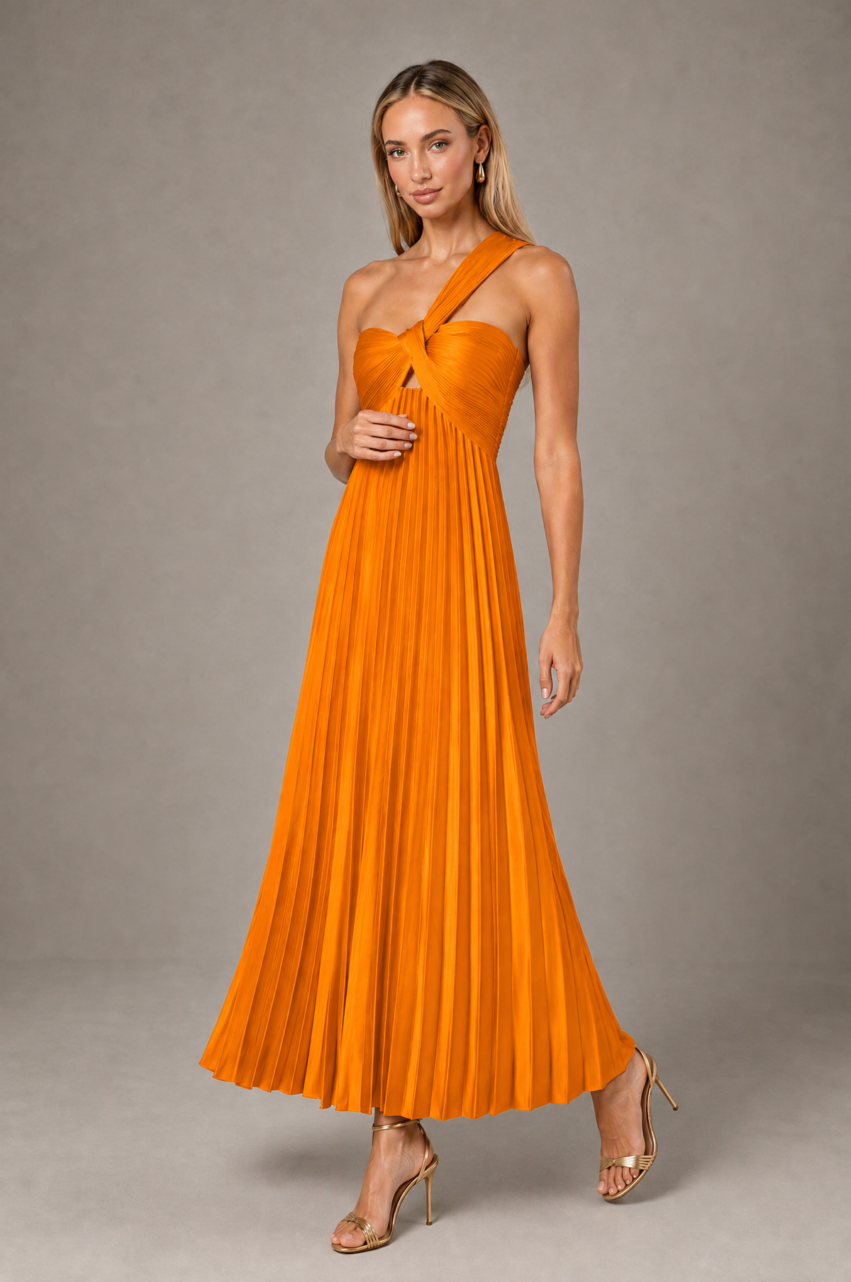 BOLODOO Orange One-Shoulder Twist Knot Pleated Satin Midi Dress with Cutout - Orange - Orange_3