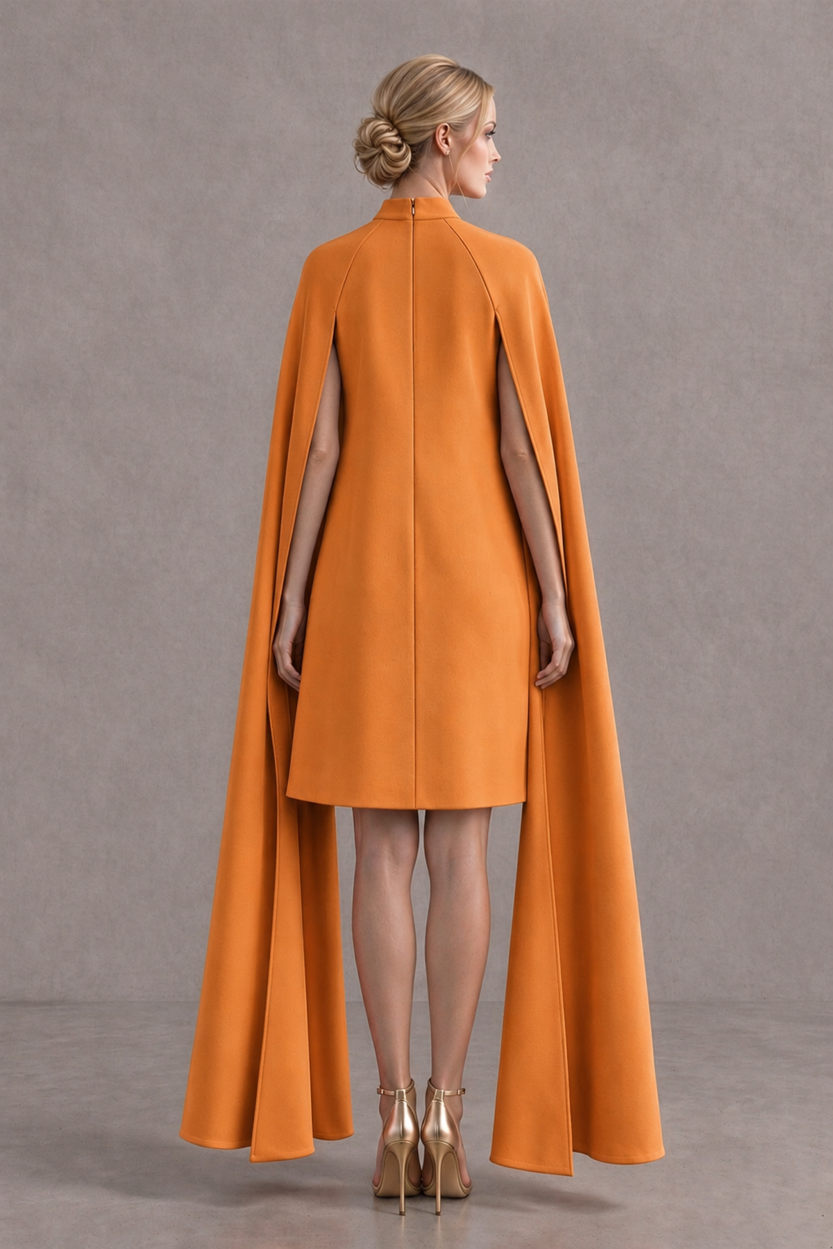 BOLODOO Orange High Neck Floral Cape Mini Cocktail Dress - Orange - Orange_3