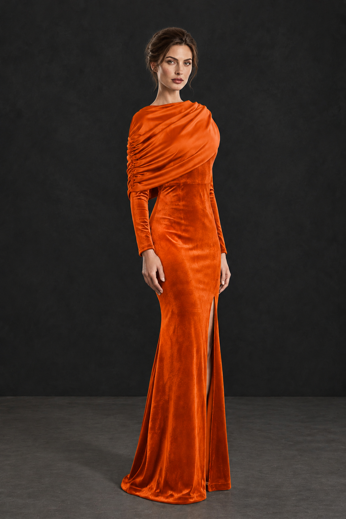 BOLODOO Orange Velvet Long Sleeve Draped Mother of the Bride Dress - Orange - Orange_3