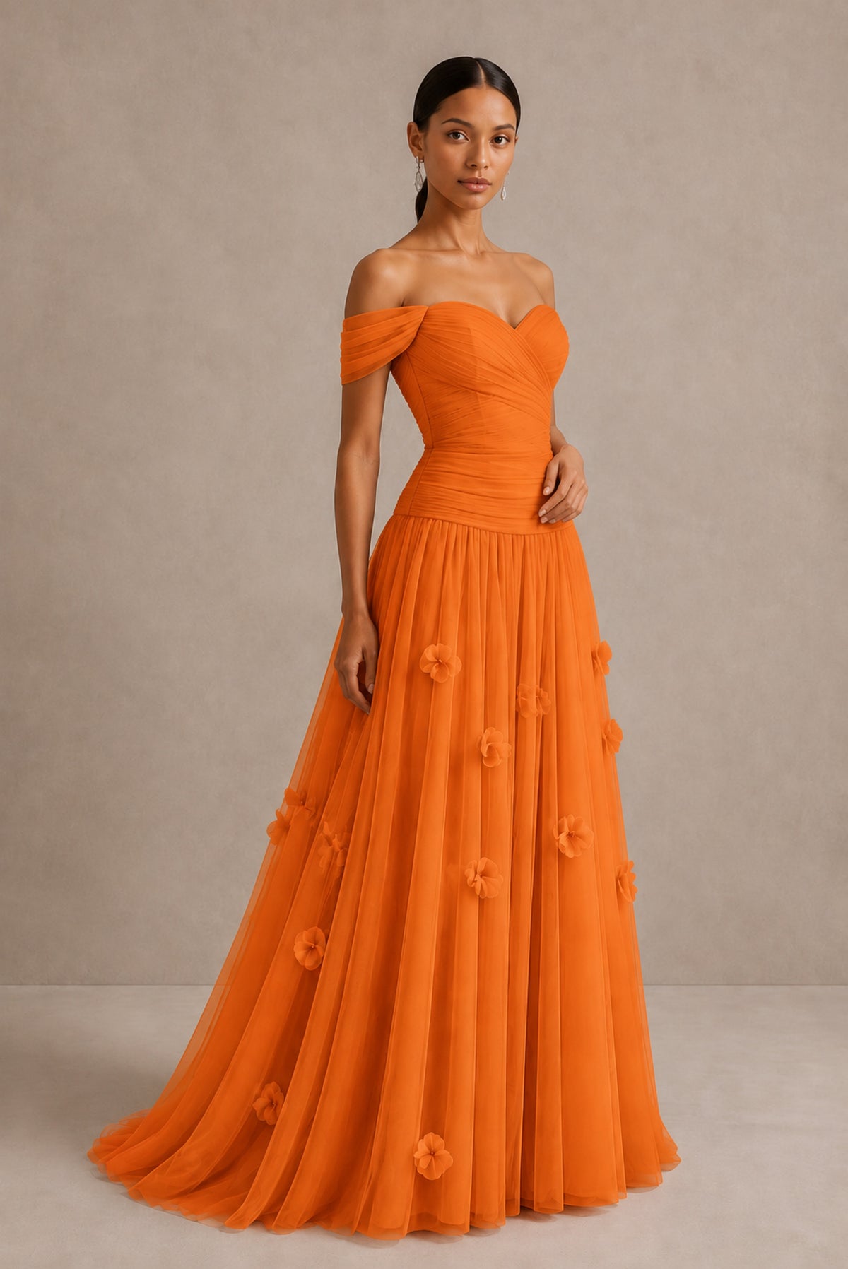 Orange Off-Shoulder Sweetheart A-Line Tulle Gown with 3D Floral Appliques | BOLODOO - Orange