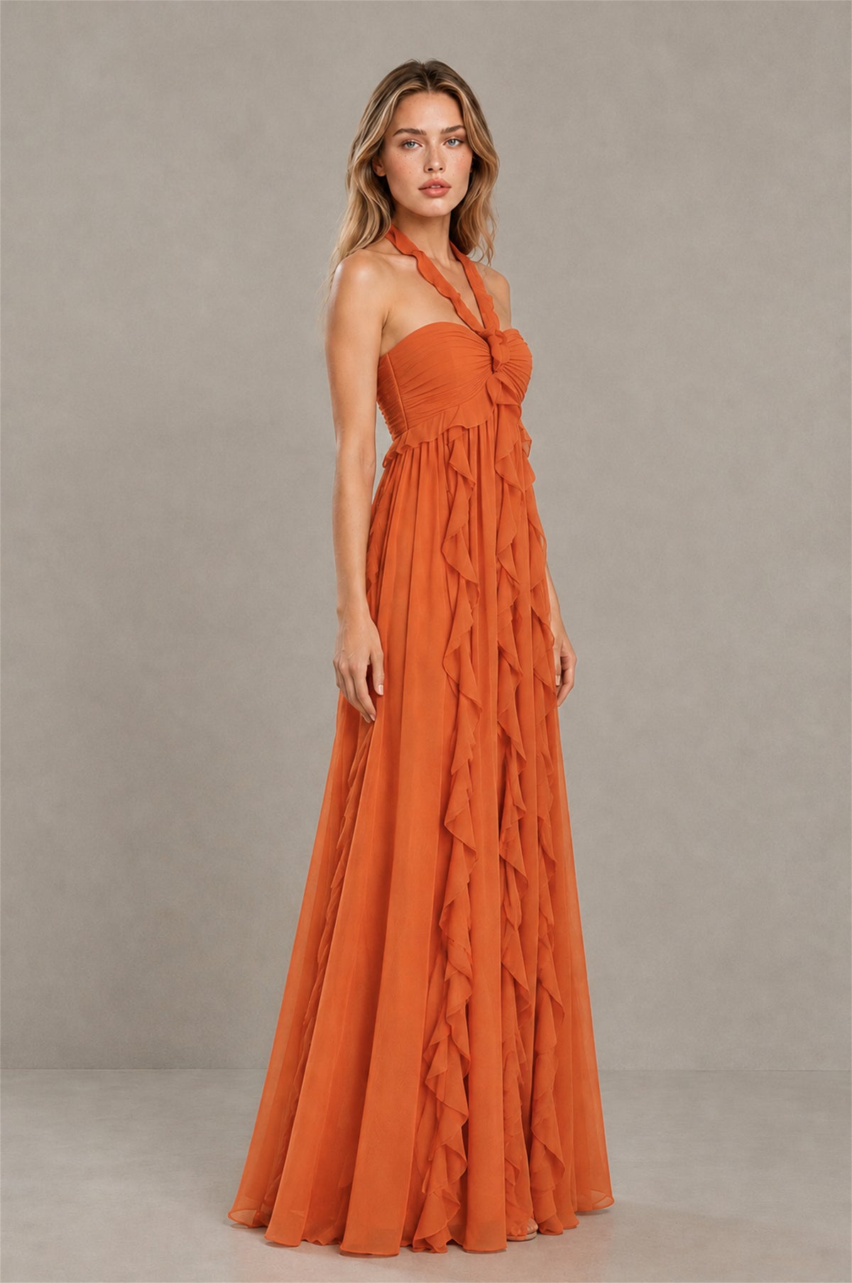 BOLODOO Orange Halter Ruffle A-Line Floor-Length Evening Dress - Orange - Orange_3