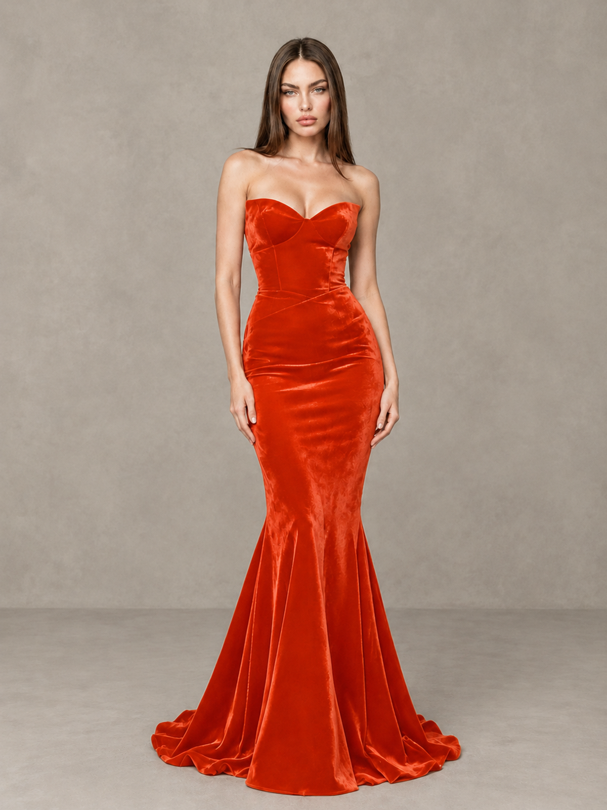 BOLODOO Orange Strapless Sweetheart Velvet-Look Mermaid Evening Dress - Orange - Orange_3