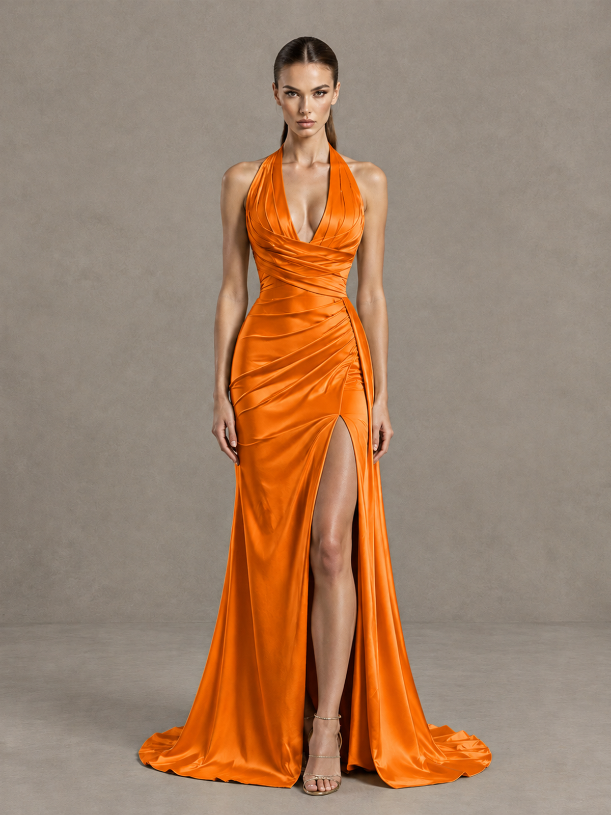 BOLODOO Orange Halter Satin Evening & Prom Dress with High Slit - Orange - Orange_3