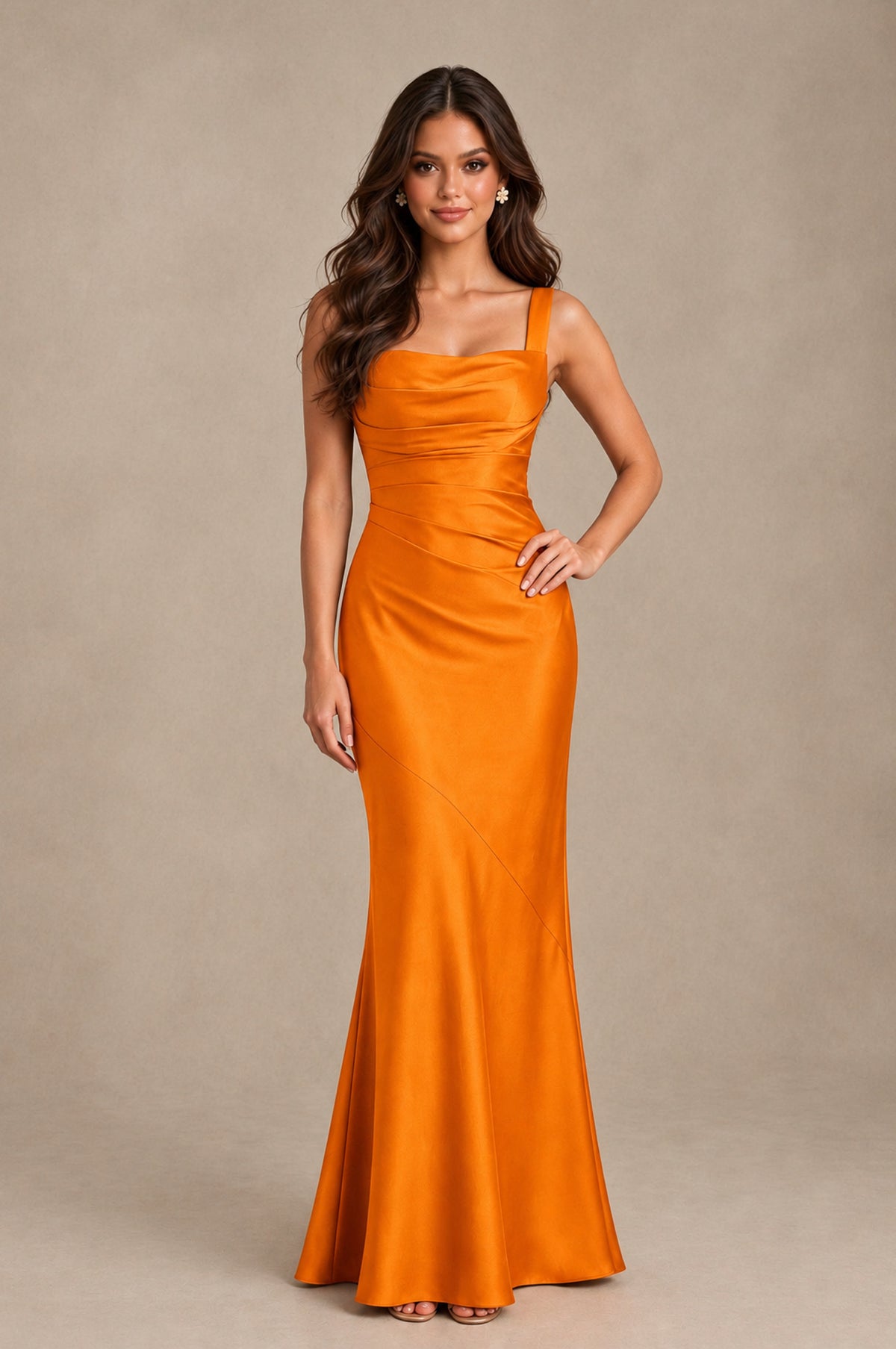 BOLODOO Orange Square Neck Ruched Satin Lace-Up Bridesmaid Dress - Orange - Orange_3