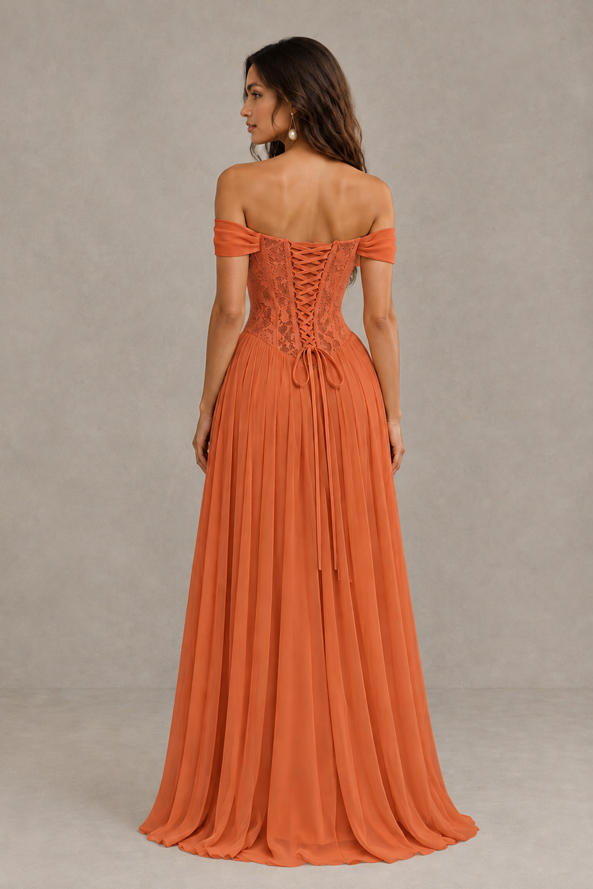 BOLODOO Orange Off-Shoulder Lace Corset Tulle Maxi Dress - Orange - Orange_3