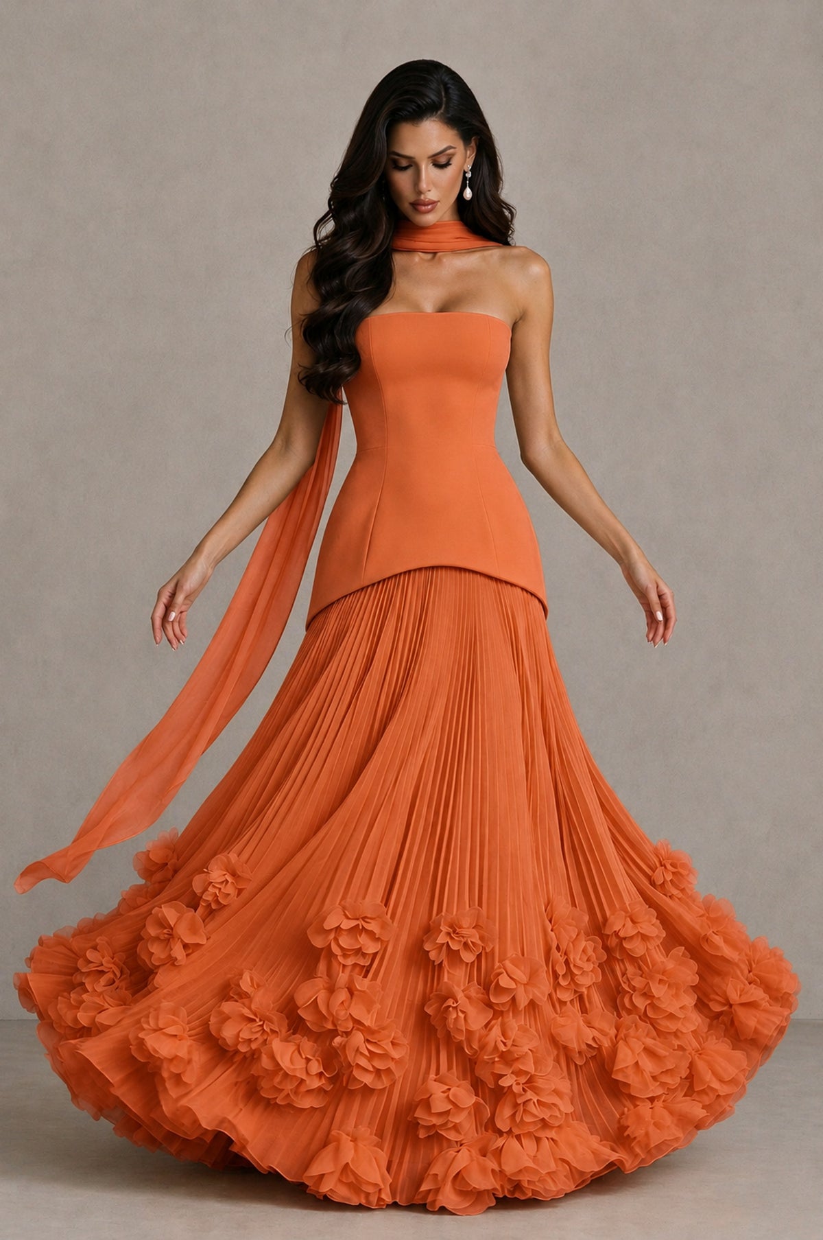 BOLODOO Orange Strapless Pleated Floral Hem Evening Gown - Orange - Orange_3