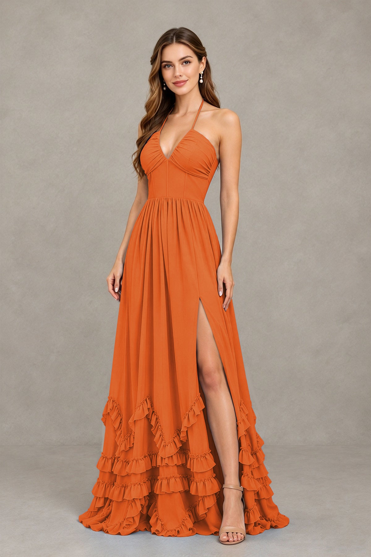 BOLODOO Orange Halter Ruffle Hem A-Line Bridesmaid Dress with High Slit - Orange - Orange(3)