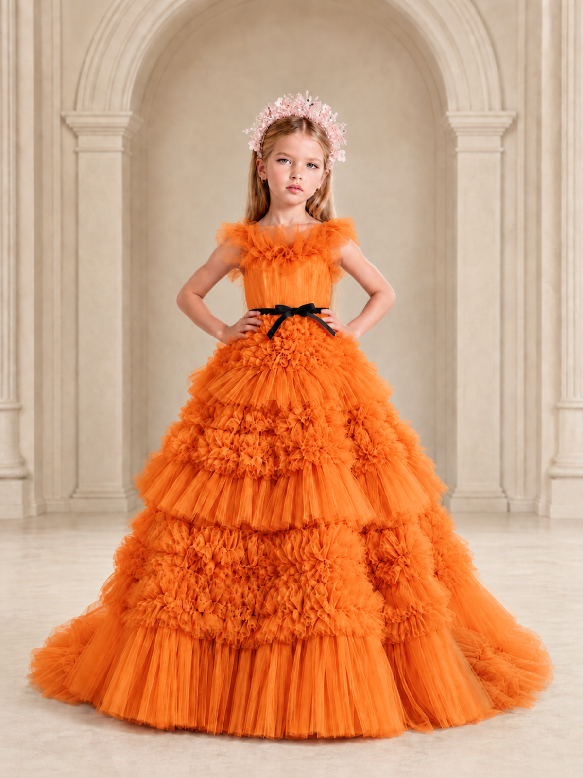 BOLODOO Orange Tiered Tulle Flower Girl Dress with Floral Appliques - Orange - Orange_3