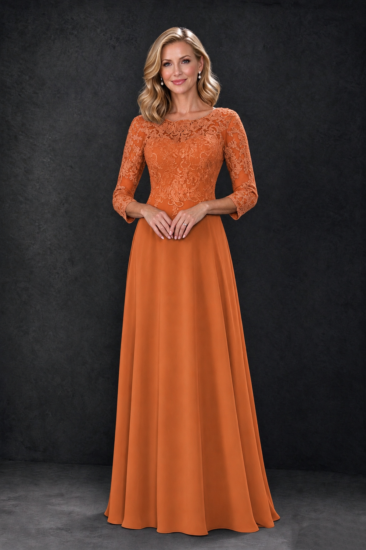 BOLODOO Orange Lace Embroidered Mother of the Bride Dress with 3/4 Sleeves - Orange - Orange_3