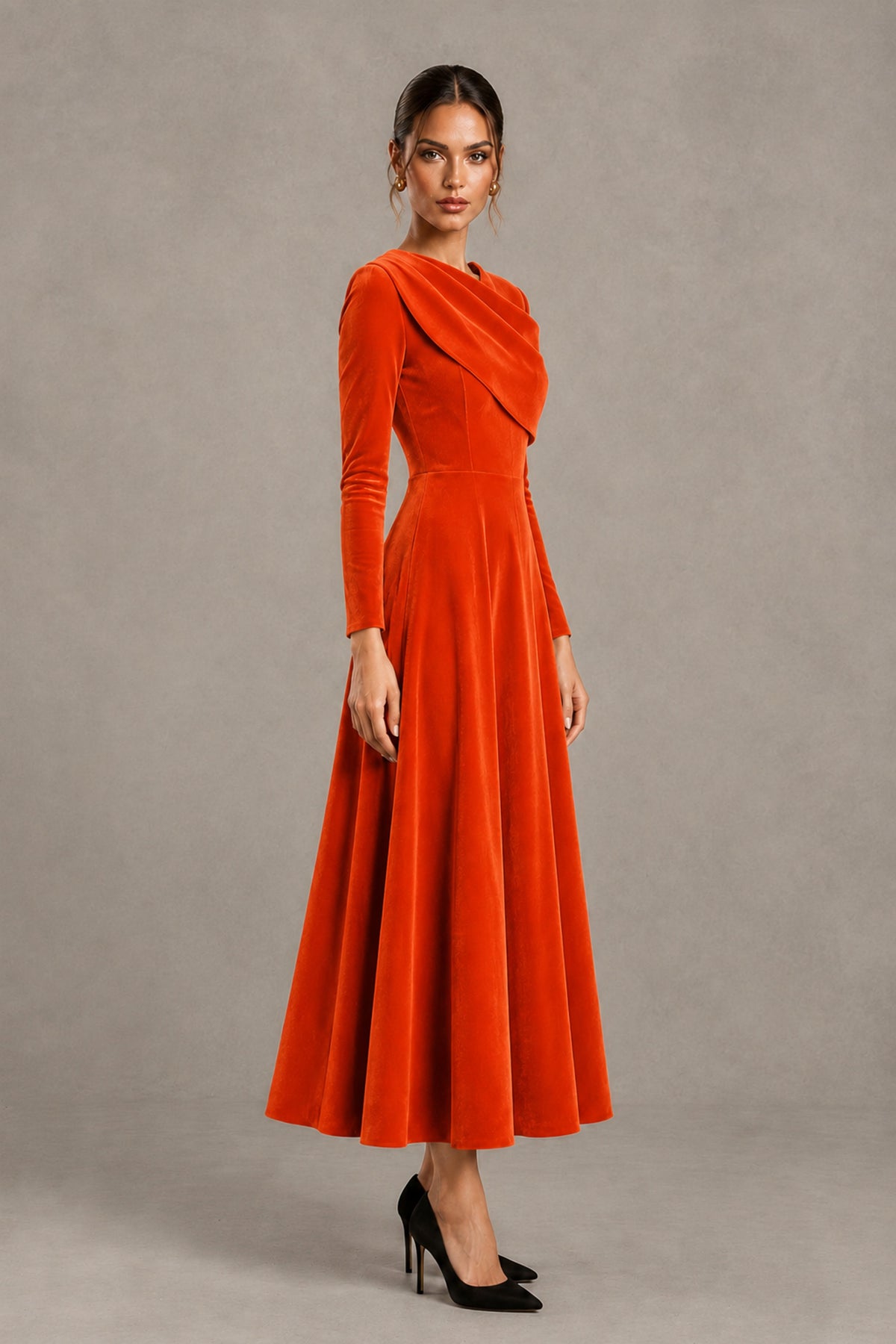 BOLODOO Orange Velvet-Look Long Sleeve Tea-Length A-Line Dress with Draped Neckline - Orange - Orange_3