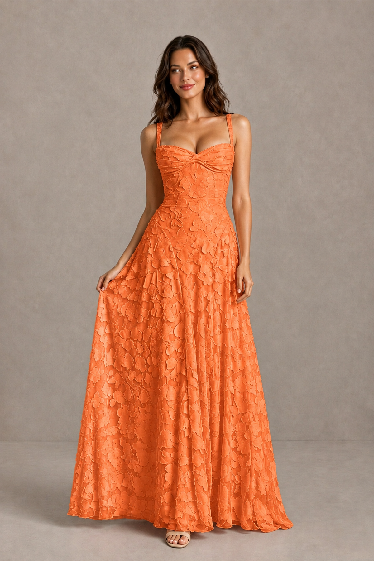 BOLODOO Orange Floral-Textured A-Line Dress with Lace-Up Back - Orange - Orange_3