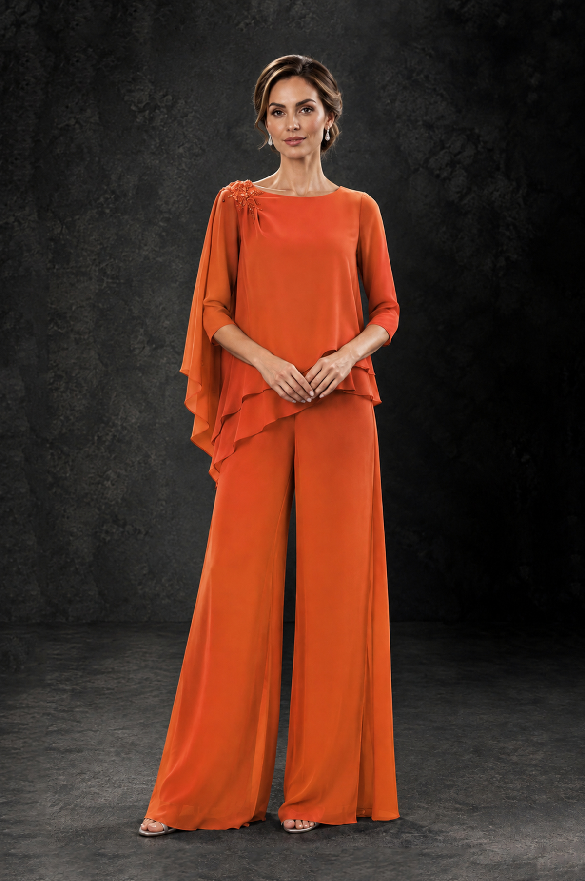 BOLODOO Orange Layered Wide-Leg Mother of the Bride Pant Suit - Orange - Orange_3