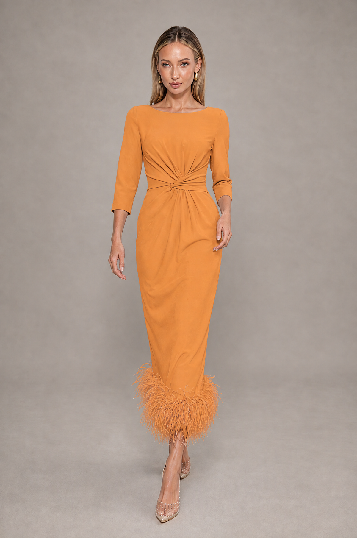 BOLODOO Orange Feather-Trim Twist-Waist Midi Dress - Orange - Orange_3