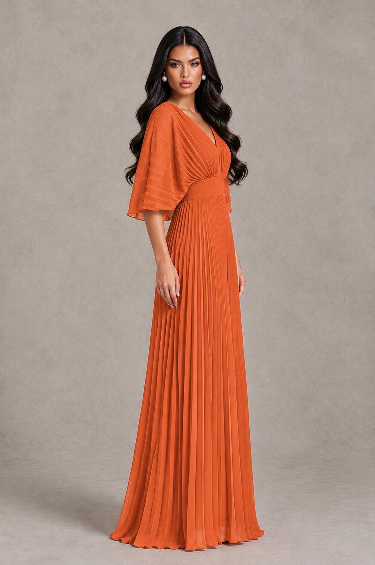 BOLODOO Orange V-Neck Pleated Flutter Sleeve Formal Dress - Orange - Orange_3