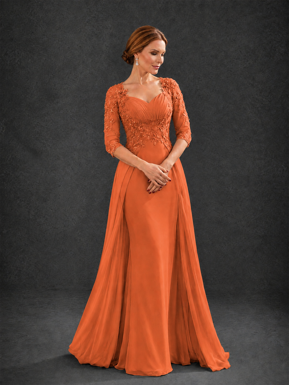 BOLODOO Orange Sweetheart Neck 3/4 Sleeve Floral Lace Illusion Bodice Chiffon A-Line Gown - Orange - Orange_3