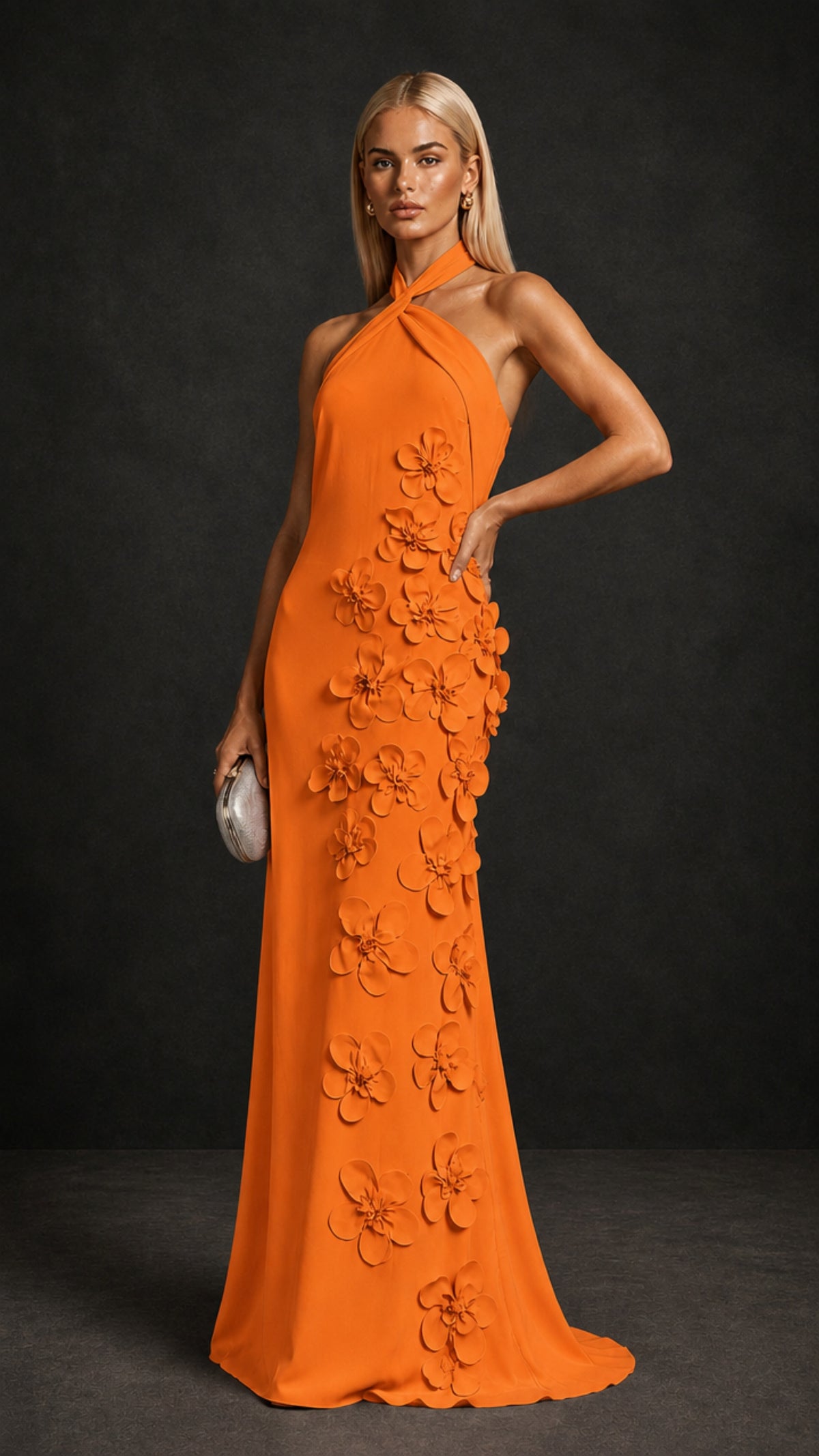 BOLODOO Orange Cross Halter Neck 3D Floral Appliqué Backless Mermaid Maxi Gown - Orange