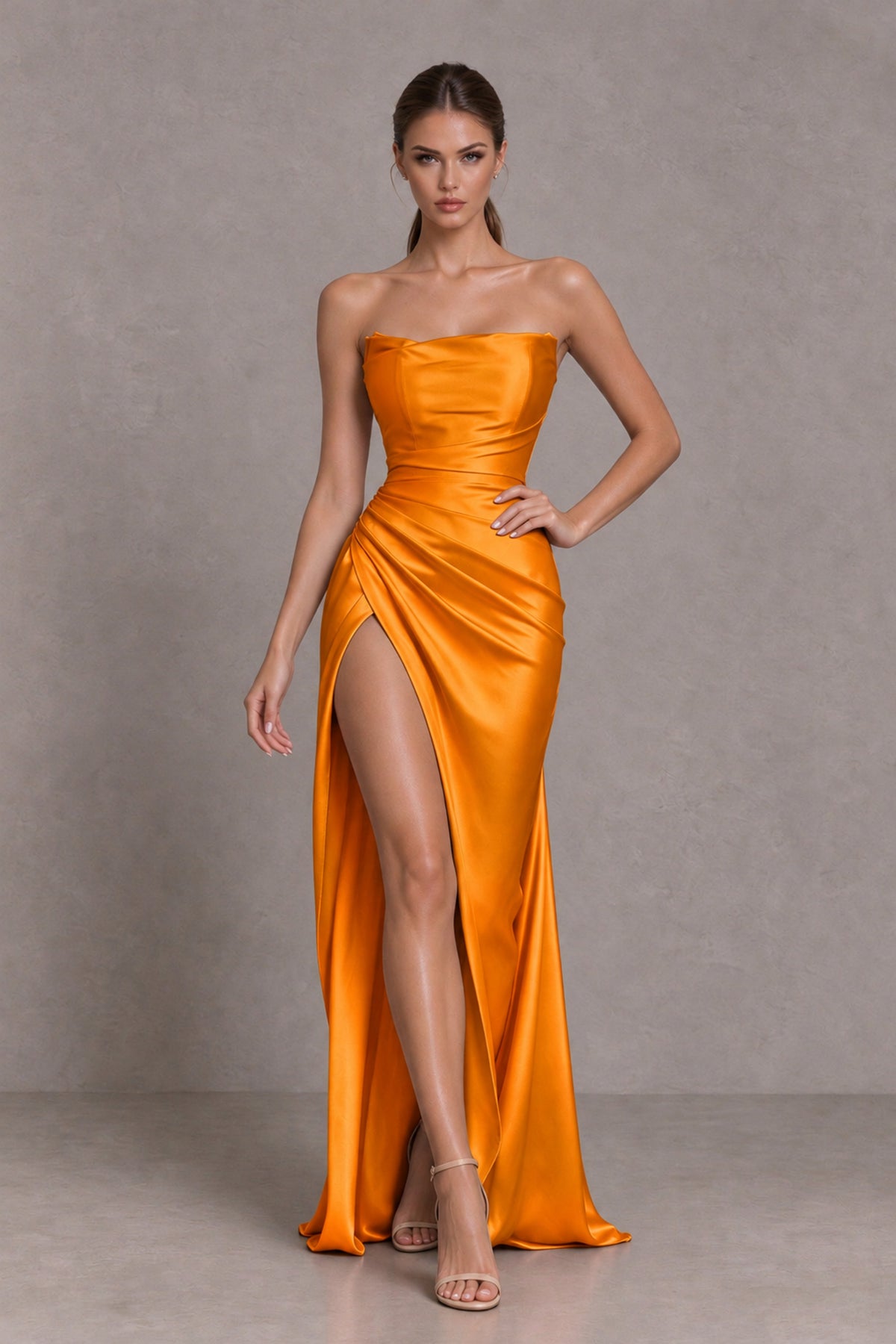 BOLODOO Orange Strapless Ruched Satin-Look Evening Dress with High Slit - Orange - Orange_3