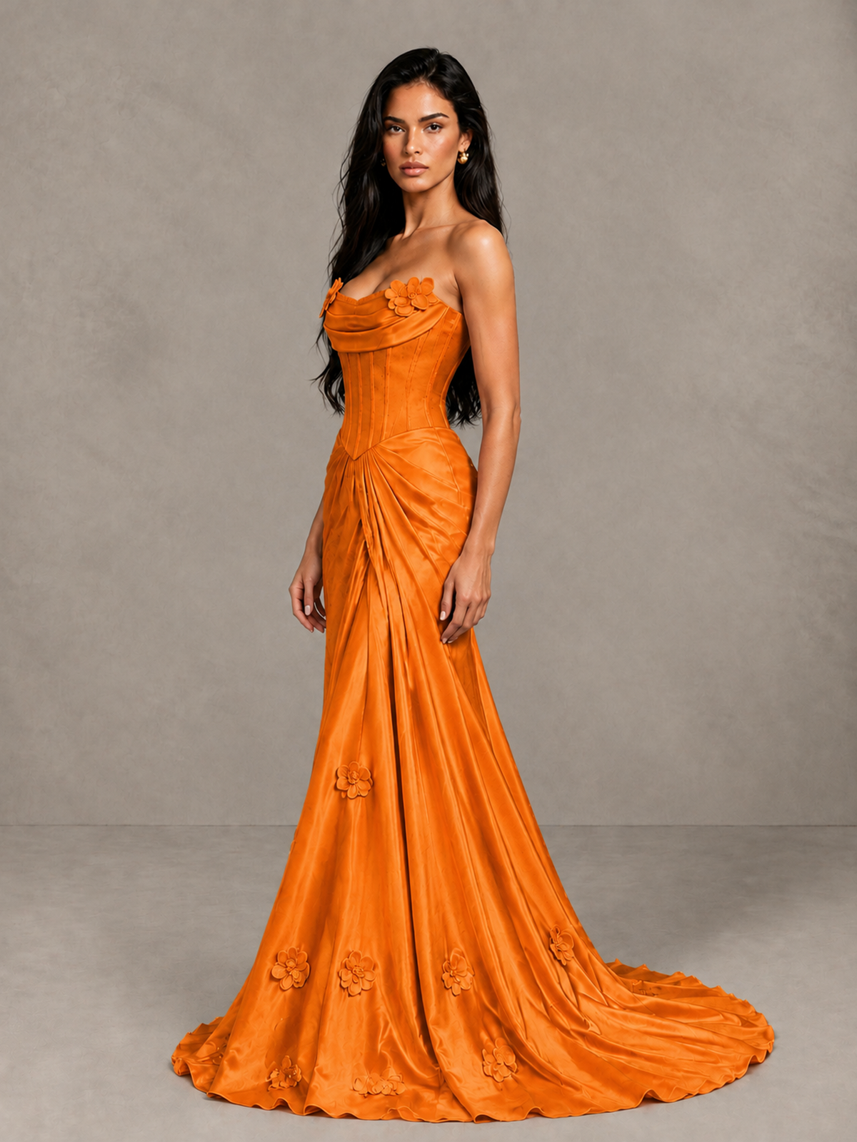 BOLODOO Orange Strapless Floral Corset Evening Gown with Train - Orange - Orange_3