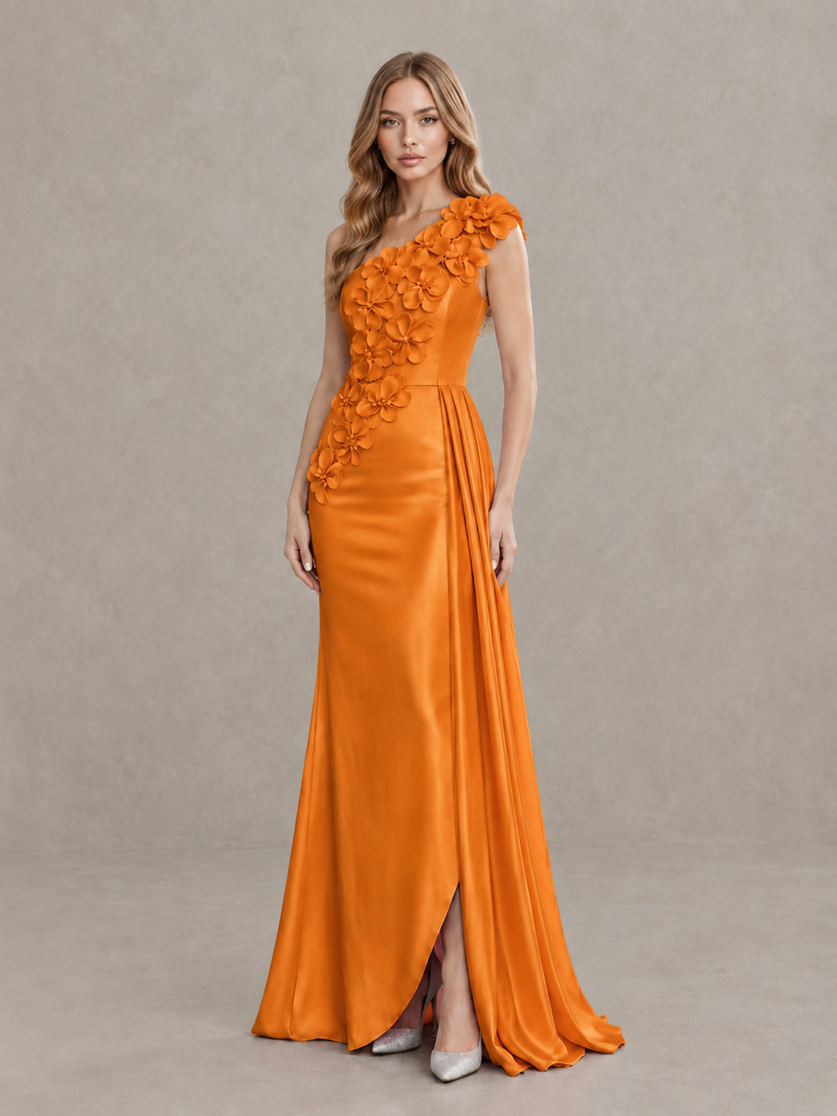 BOLODOO Orange One-Shoulder Satin Mermaid Evening Gown with 3D Floral Appliqué - Orange - Orange_3