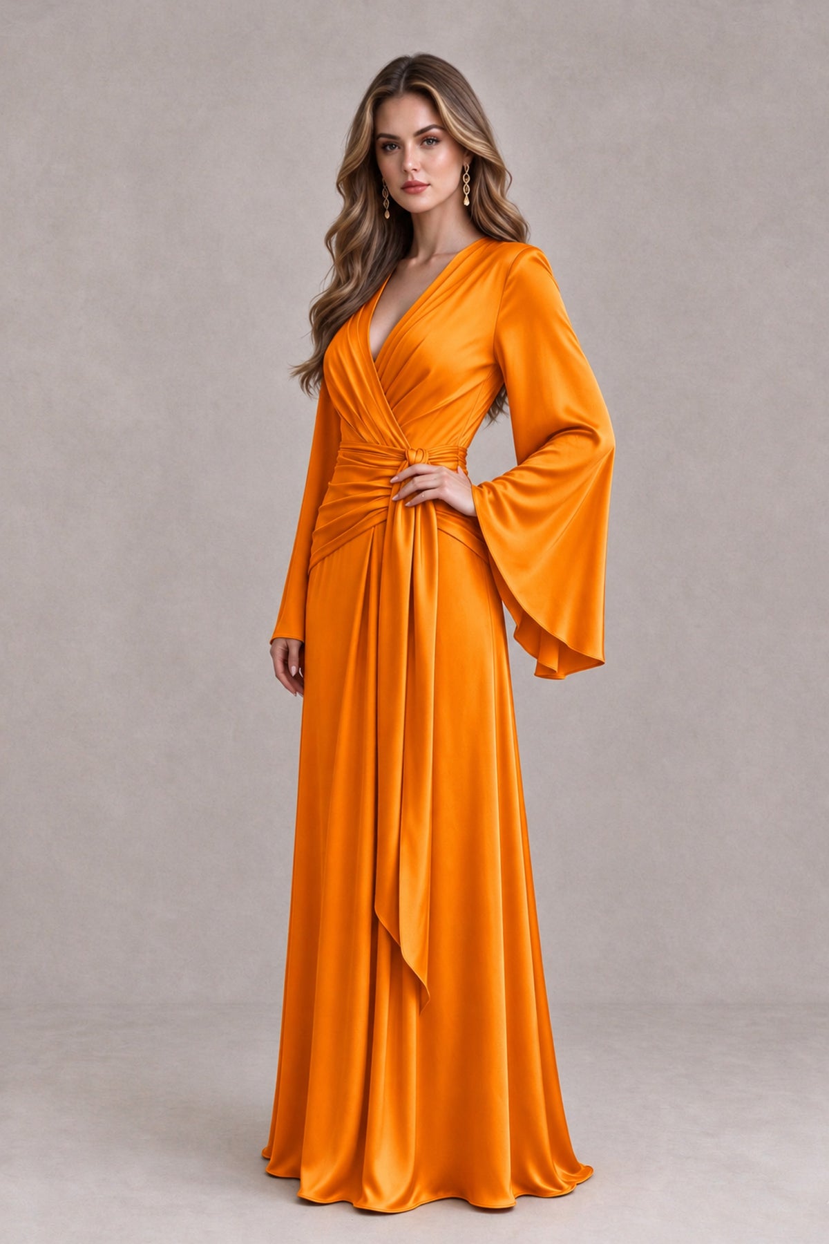 BOLODOO Orange Yellow Satin-Look V-Neck Long Bell Sleeve Evening Dress - Orange - Orange_3