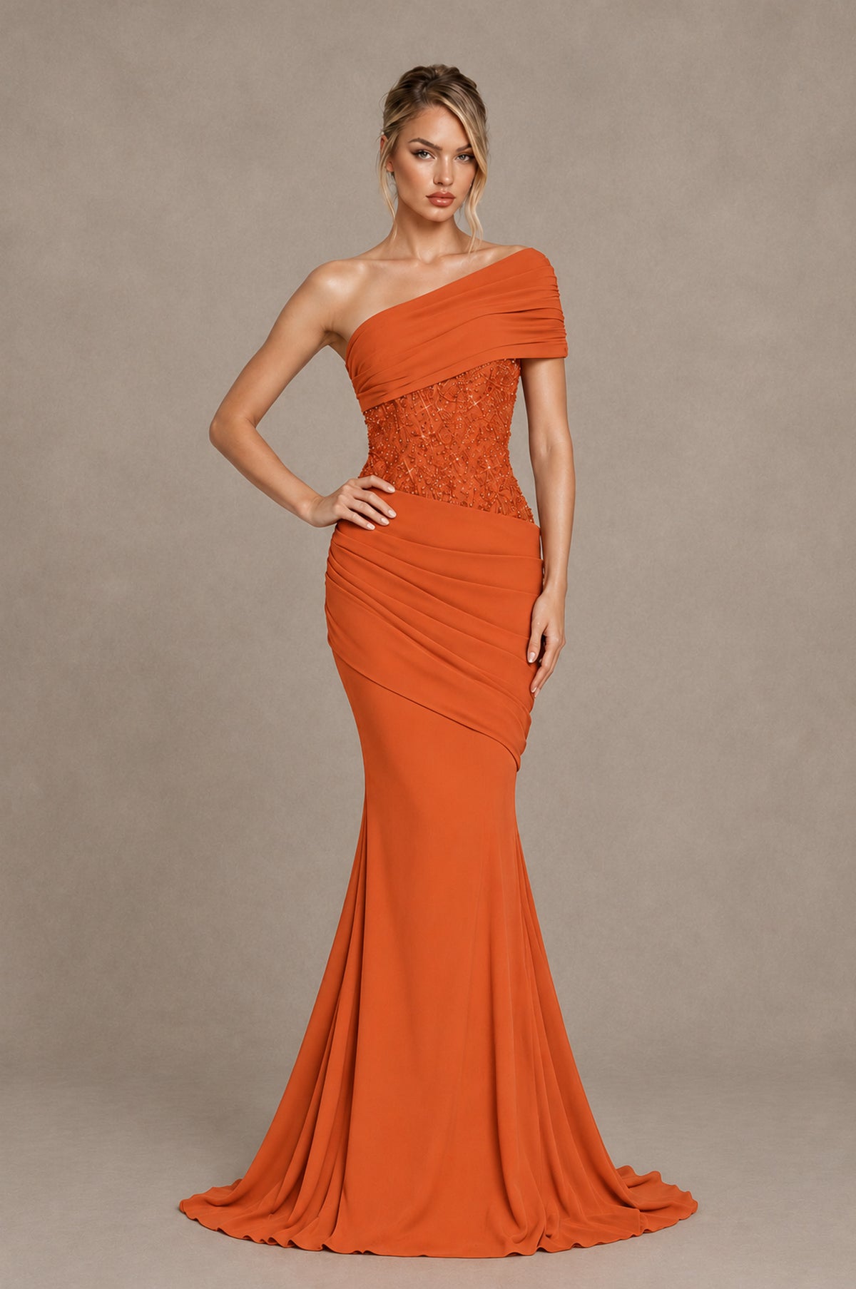 BOLODOO Orange One-Shoulder Sequin Embroidered Ruched Mermaid Gown with Train - Orange - Orange_3