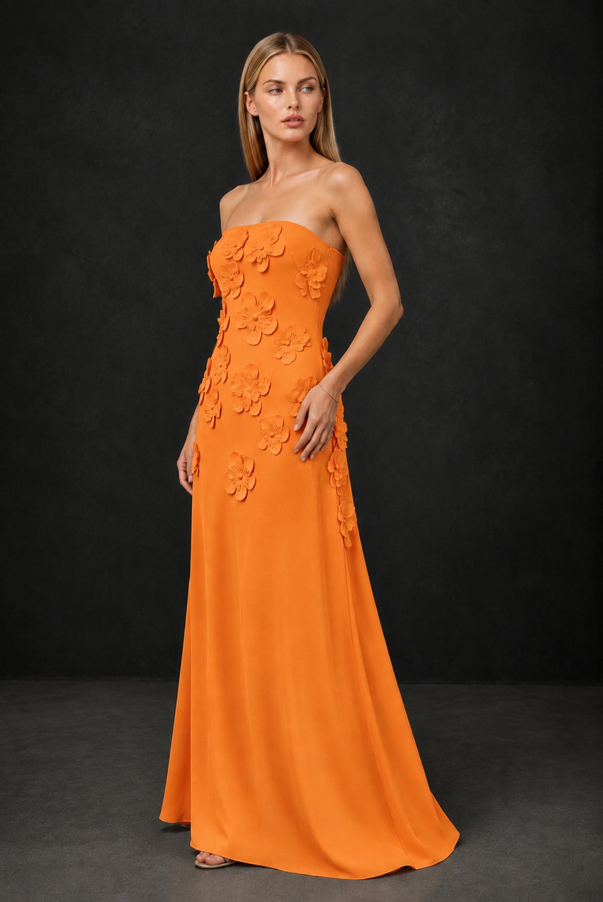 BOLODOO Orange Strapless 3D Floral Appliqué Crepe Maxi Gown - Orange