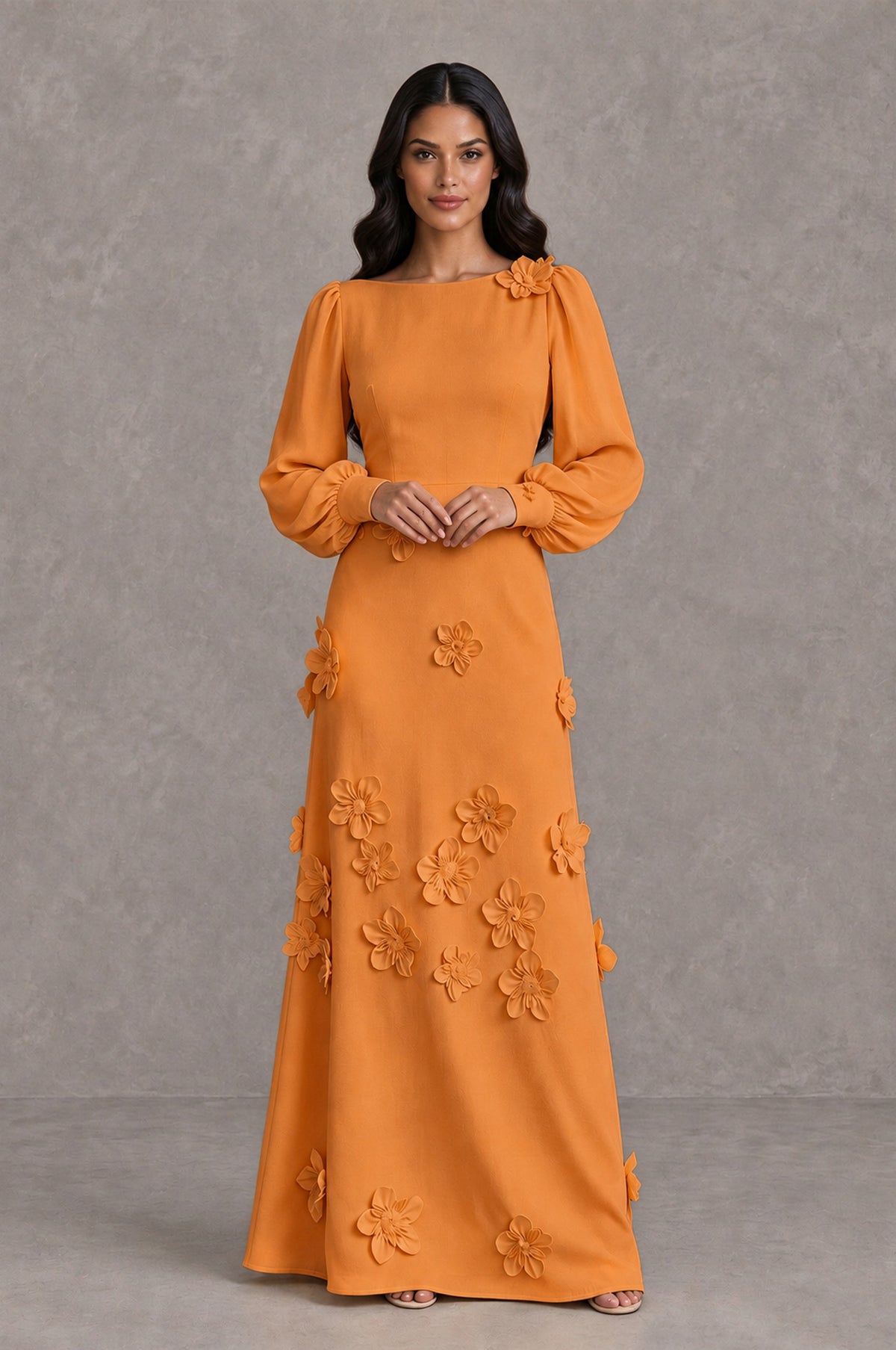 BOLODOO Orange Long Sleeve Floral Applique A-Line Evening Dress - Orange - Orange_3