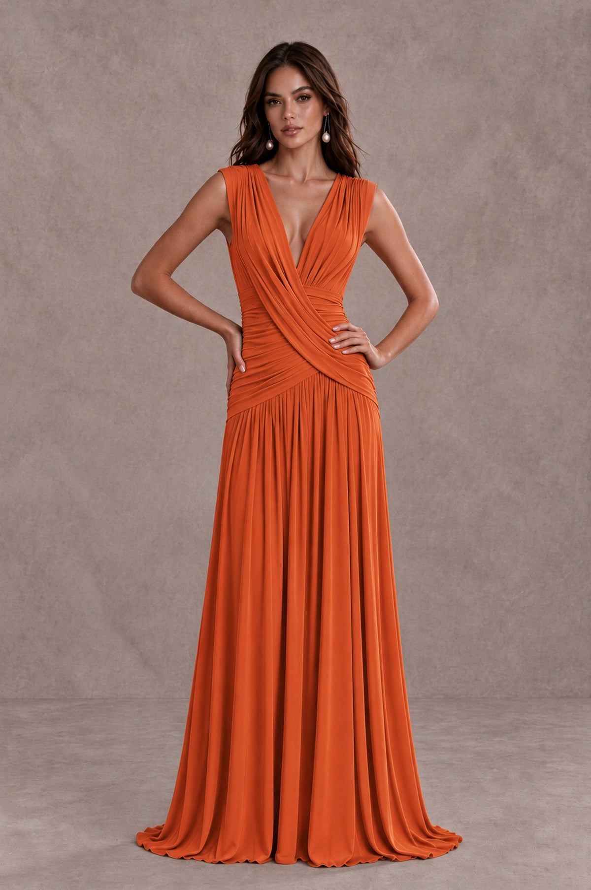 BOLODOO Orange V-Neck Ruched Wedding Guest Dress - Orange - Orange_3