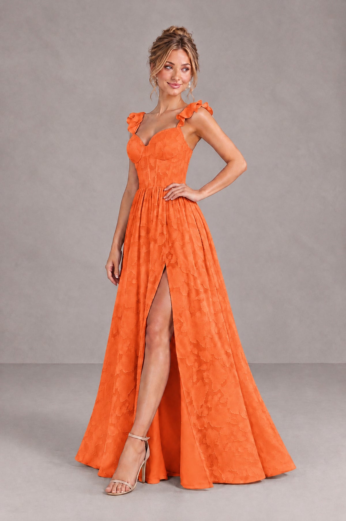 BOLODOO Orange Floral A-Line Bridesmaid Dress with Slit Ruffle Straps Maxi Gown - Orange - Orange_3