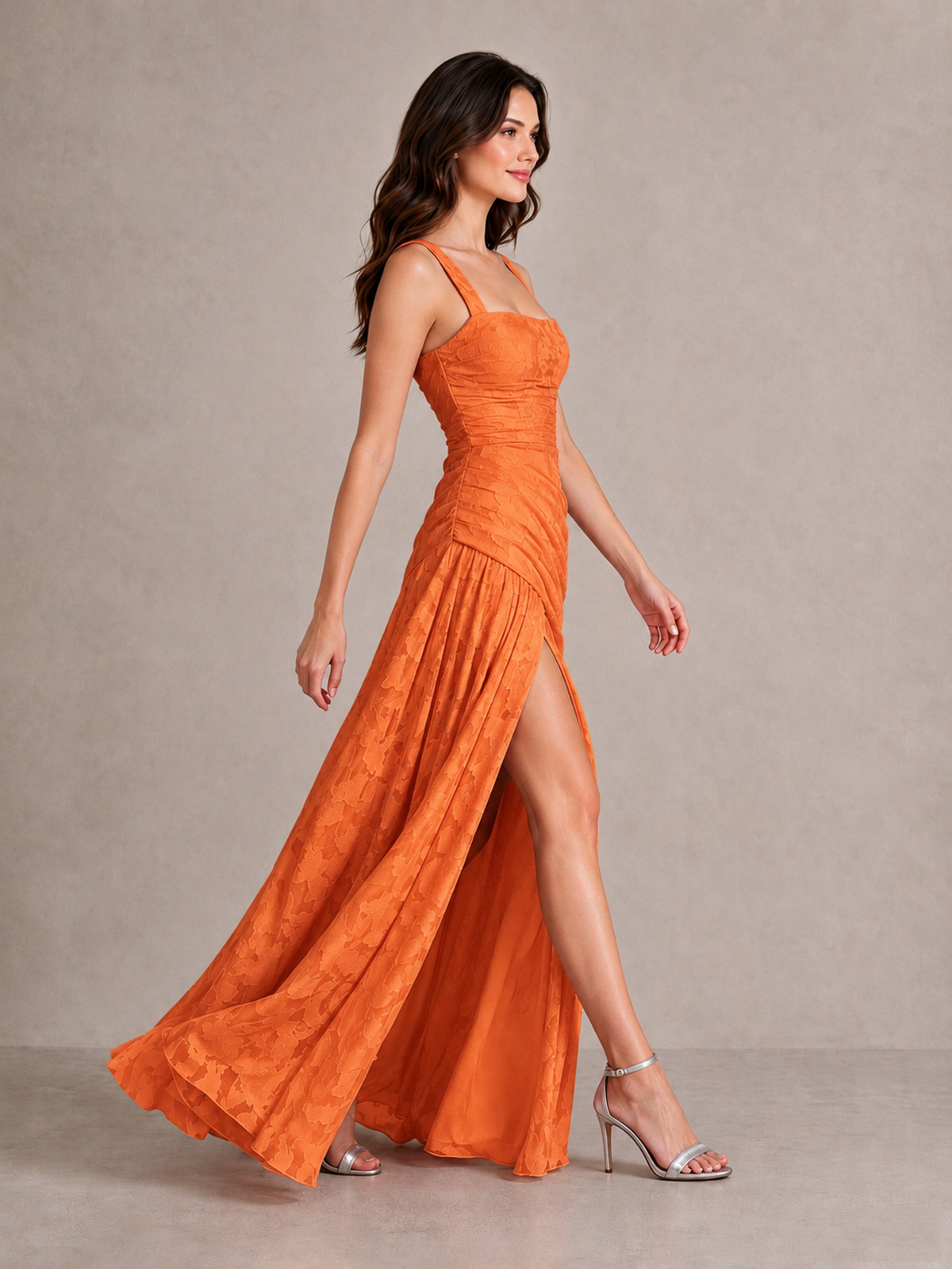 BOLODOO Orange Floral Jacquard Bridesmaid Dress with Square Neck, Lace-Up Back & High Slit - Orange - Orange_3