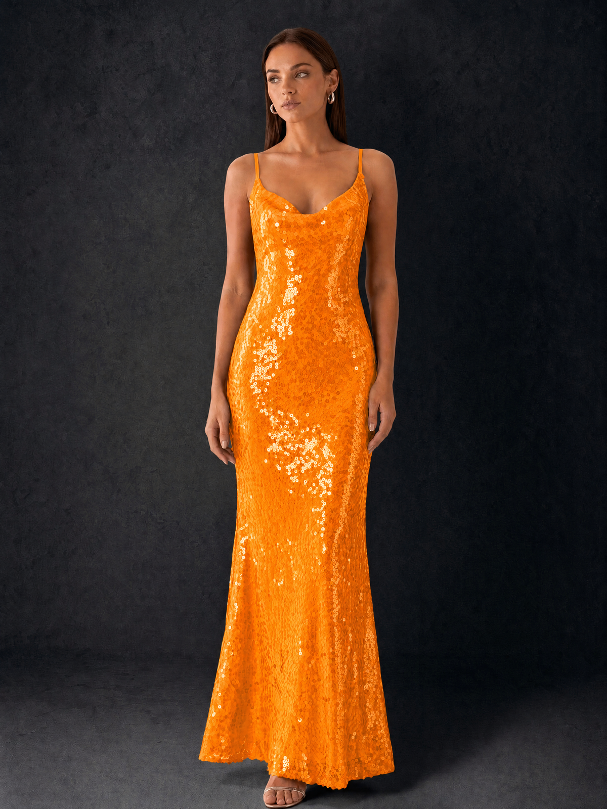 BOLODOO Bronze Sequin Cowl Neck Spaghetti Strap Mermaid Maxi Dress with Open Criss-Cross Back - Orange - Orange