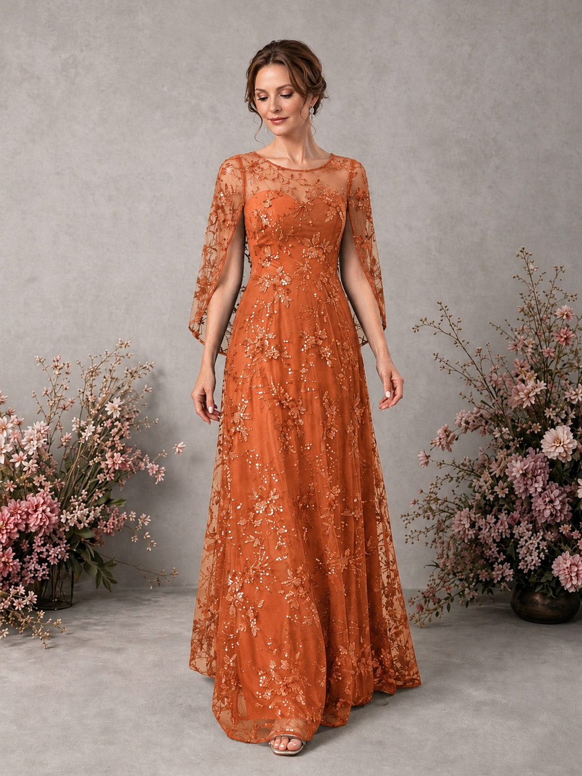 BOLODOO Orange Sequin Lace Cape Sleeve Formal Evening Gown - Orange - Orange_3