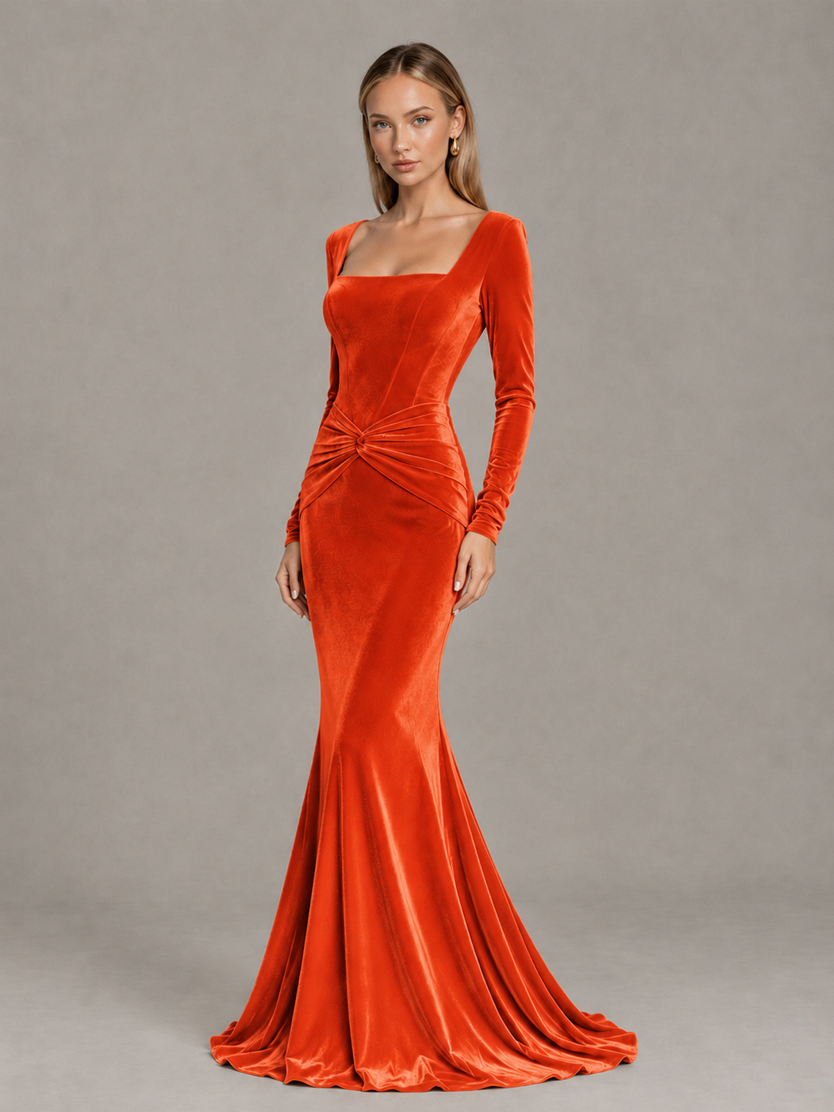 BOLODOO Orange Velvet-Look Square Neck Long Sleeve Mermaid Evening Dress - Orange - Orange_3