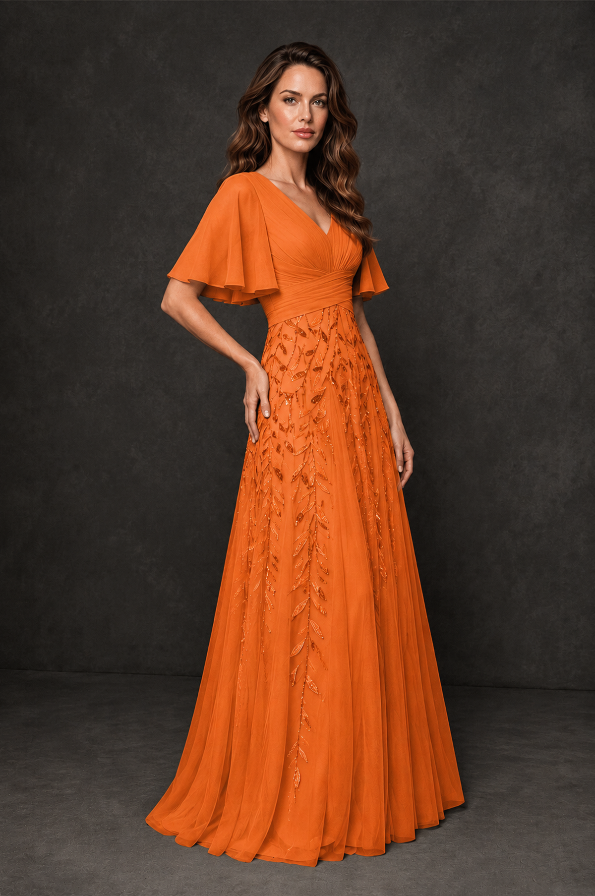 BOLODOO Orange V-Neck Flutter Sleeve Beaded Botanical Tulle A-Line Gown | Mother of the Bride Evening Dress - Orange - Orange_3