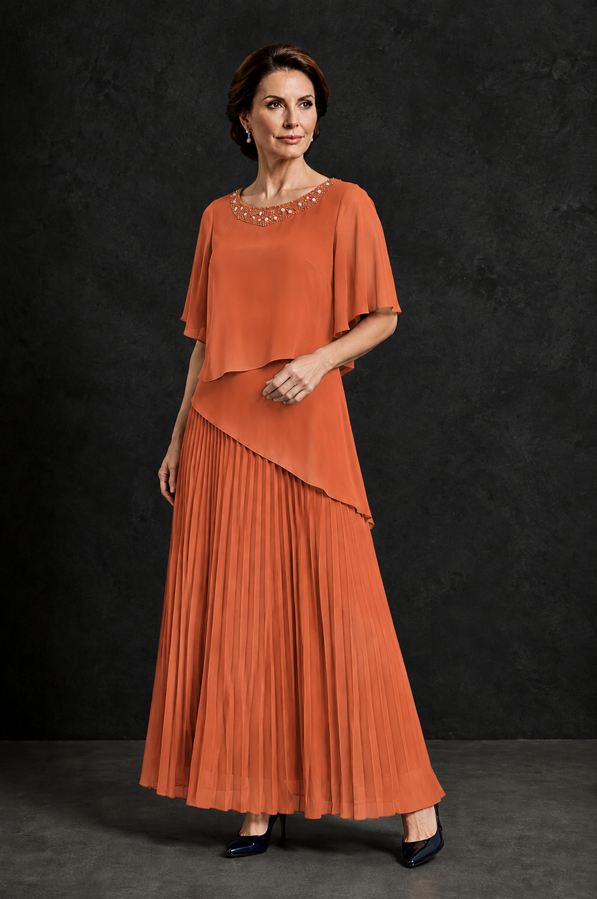 BOLODOO Orange Pearl Beaded Neck Asymmetric Tiered Flutter Sleeve Pleated Chiffon Maxi Dress - Orange - Orange_3