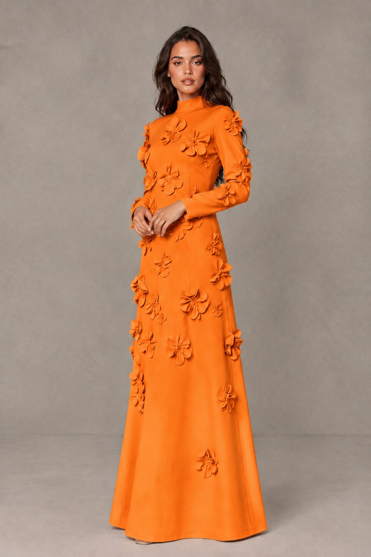 BOLODOO Orange High Neck Long Sleeve 3D Floral Evening Gown - Orange