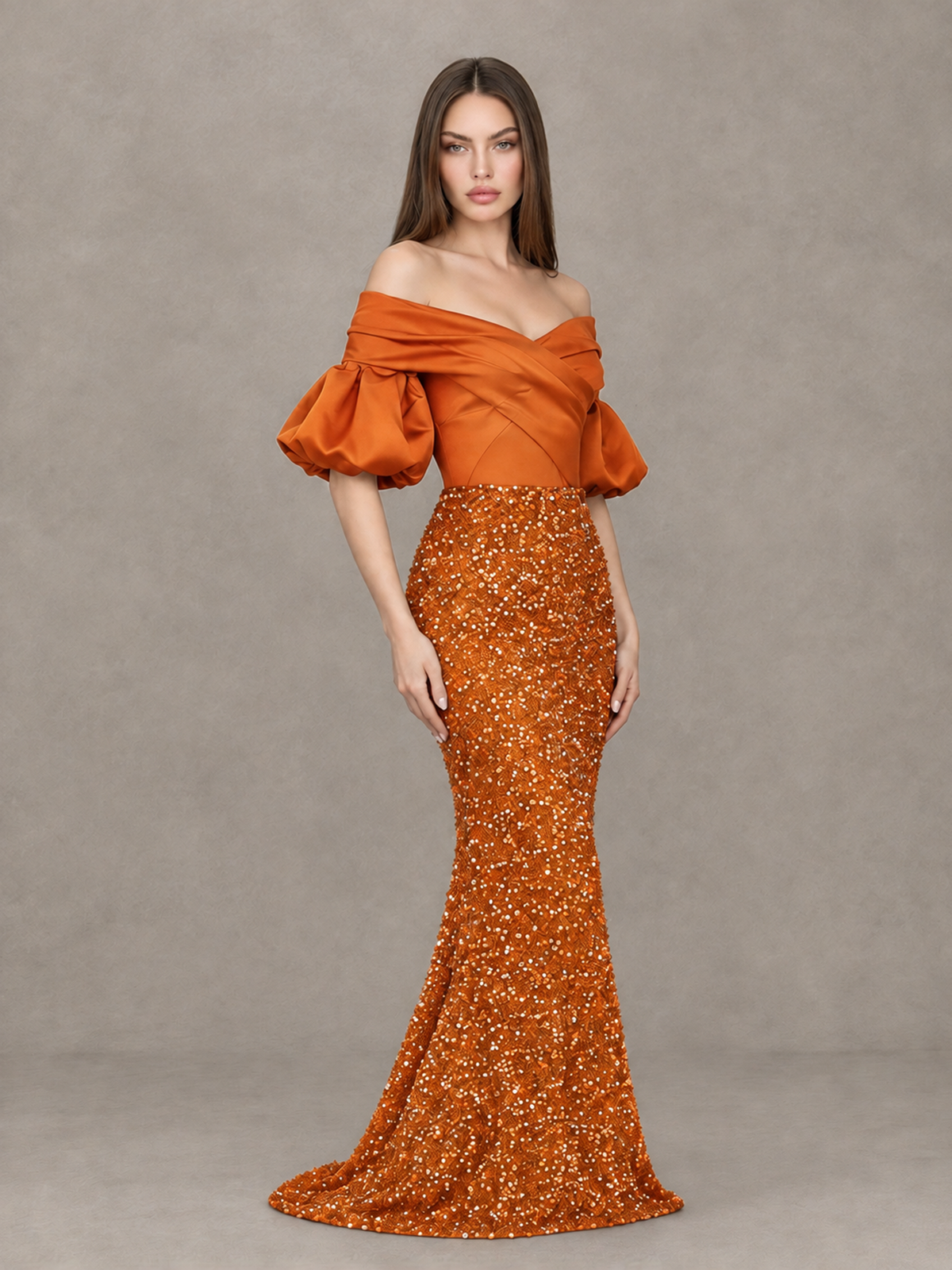BOLODOO Orange Off-Shoulder Puff Sleeve Sequin Mermaid Evening Dress - Orange - Orange_3