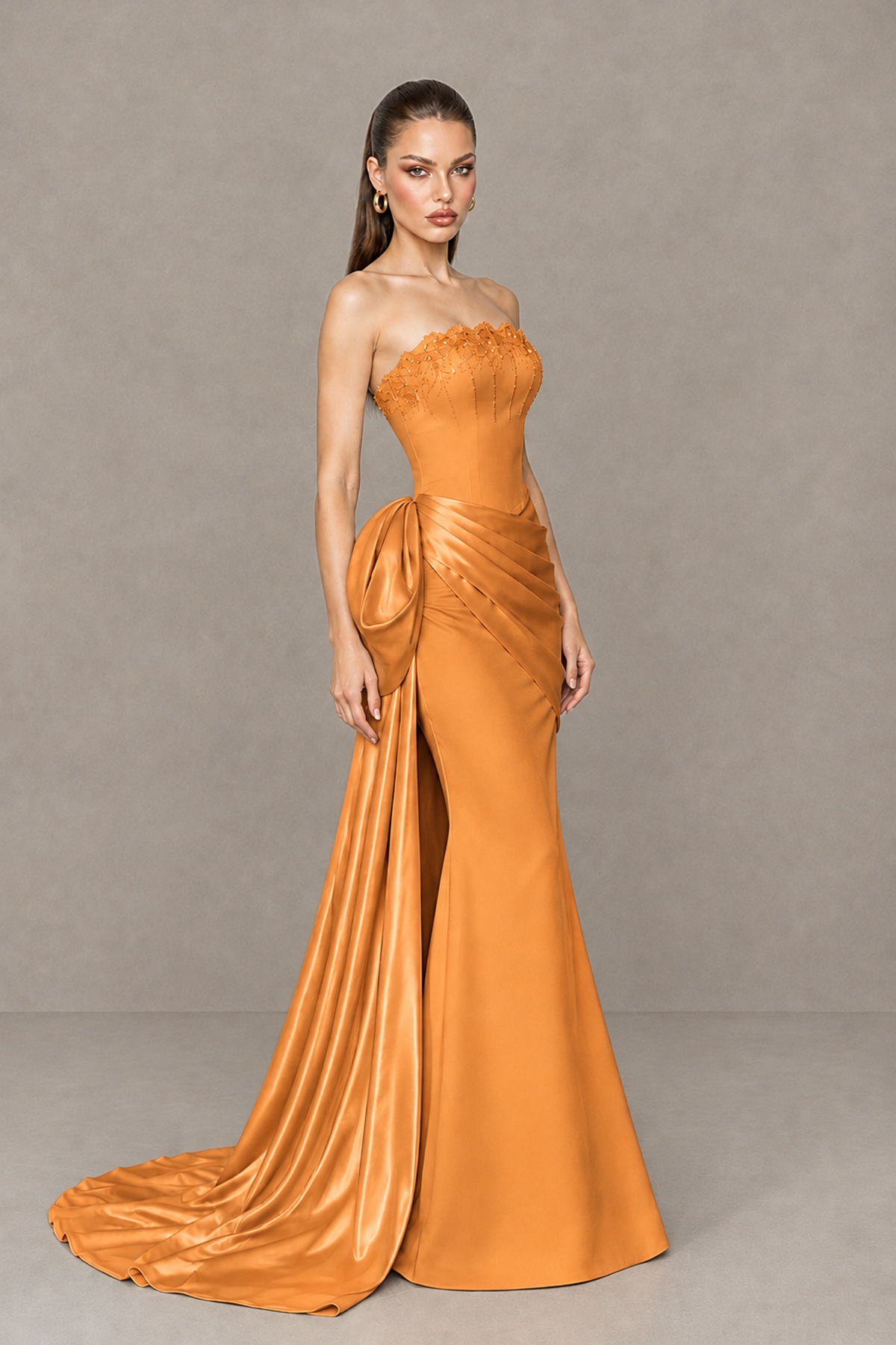 BOLODOO Orange Strapless Satin Prom Dress with Draped Side Train - Orange - Orange_3