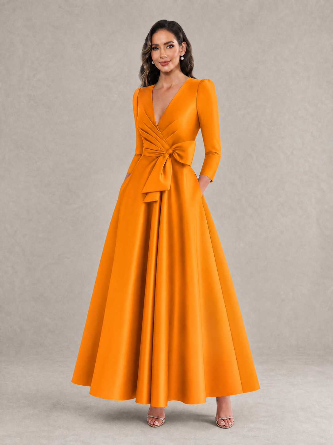 BOLODOO Orange Satin Deep V-Neck Wrap 3/4 Puff Sleeve A-Line Ball Gown Maxi Dress with Oversized Bow Belt - Orange