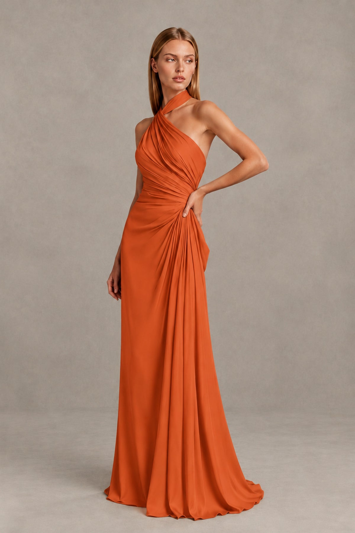 BOLODOO Orange Twisted Halter Neck Ruched Sleeveless Open Back Floor-Length Gown - Orange - Orange_3