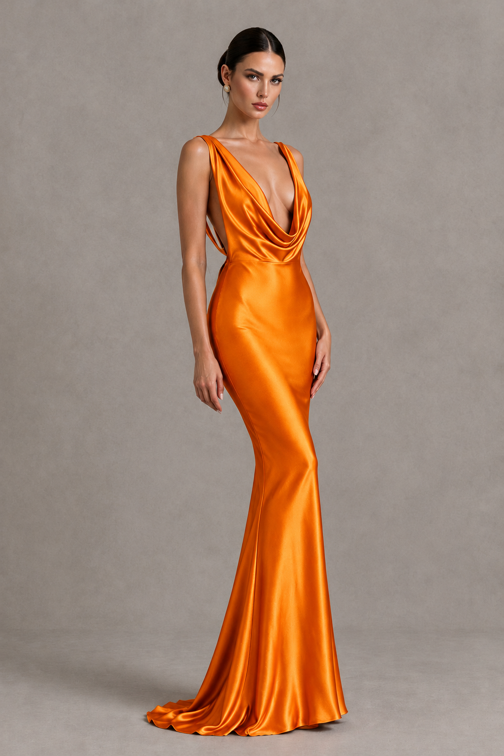 BOLODOO Orange Cowl Neck Backless Satin Mermaid Evening Dress - Orange - Orange_3